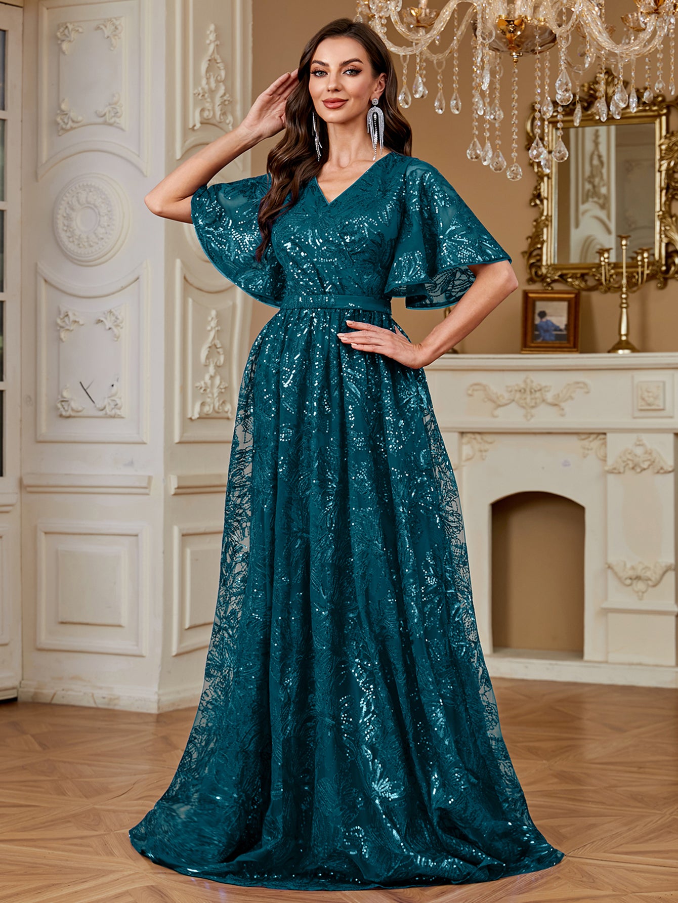 Elegant Formal Party Embroidered Sequin Long Dress