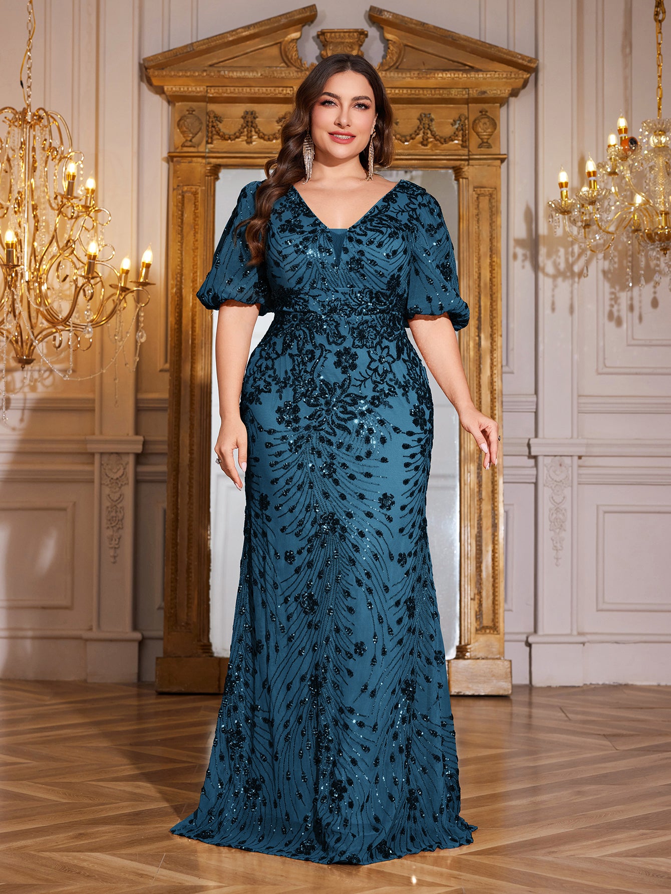 Navy Blue Sequin Puff Short Sleeve Mermaid Plus Size Evening Gown