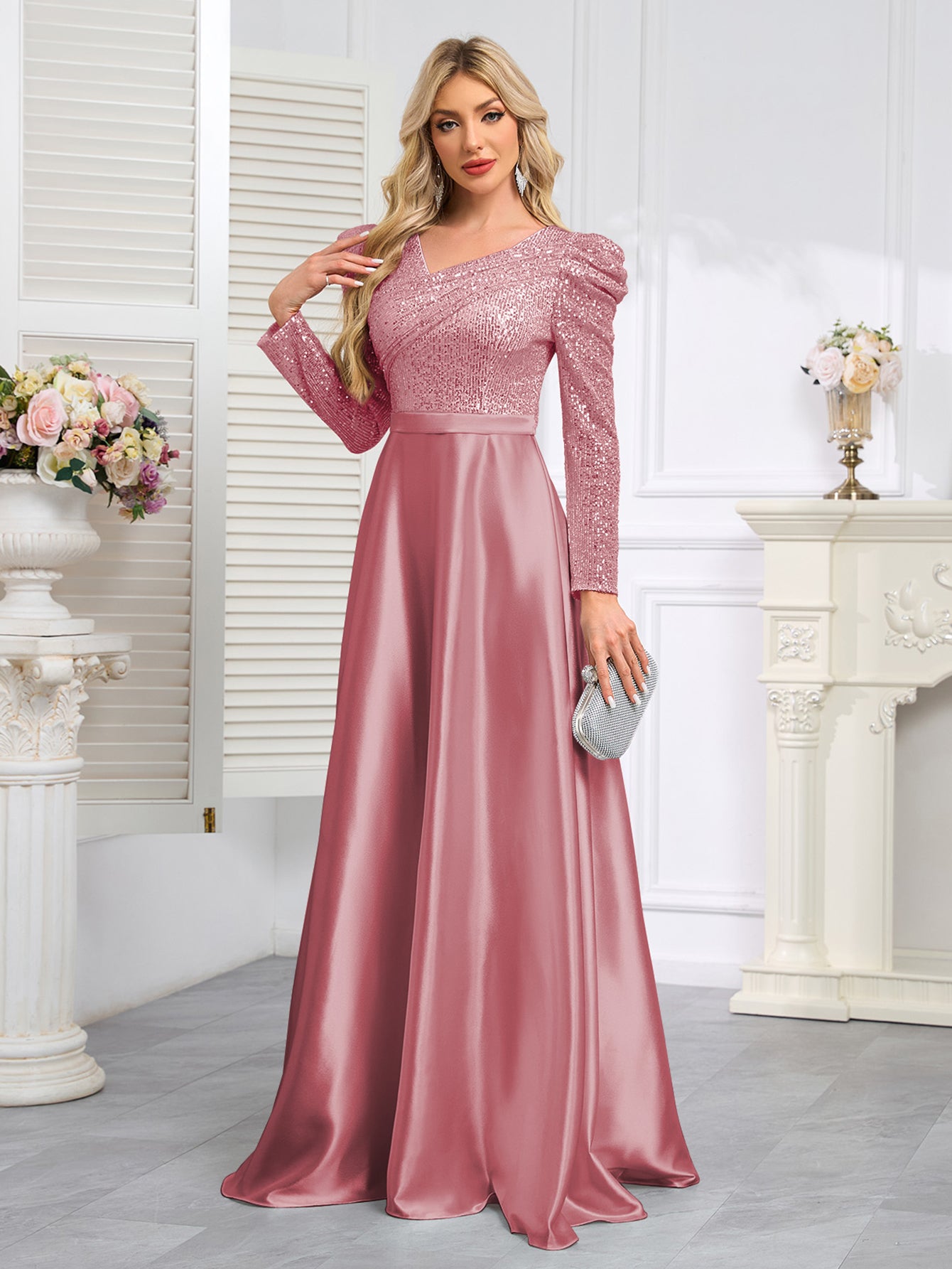 Dark Blue Satin Sequin Maxi Dress