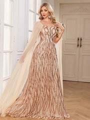 Champagne Gold Sequin Square Neck Cape Sleeve A Line Evening Gown