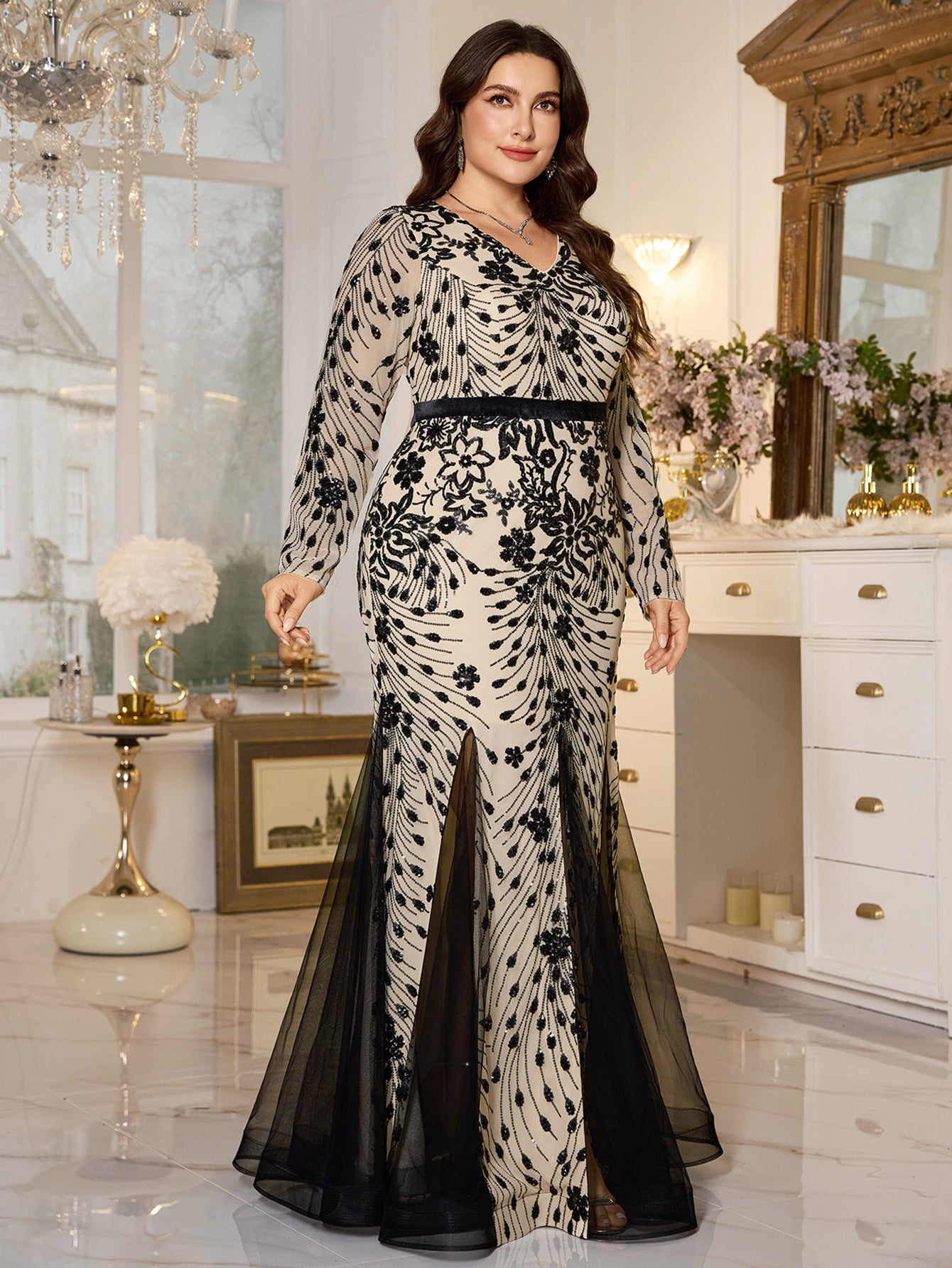 Beige‑Base Black Floral Sequin V‑Neck Long‑Sleeve Split Plus‑Size Mermaid Evening Gown