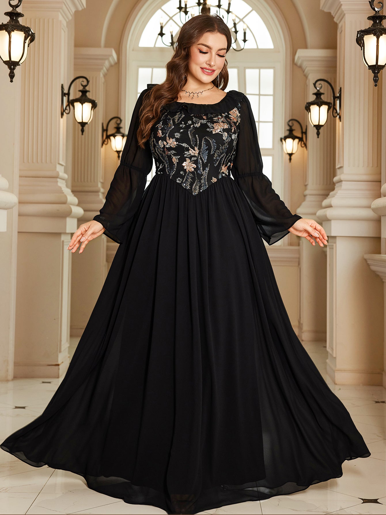 Black Floral Embroidery High Waist Plus Size Maxi Evening Dress