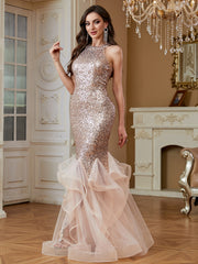 Rose Gold Sequin Halter Ruffle Tulle Mermaid Evening Gown