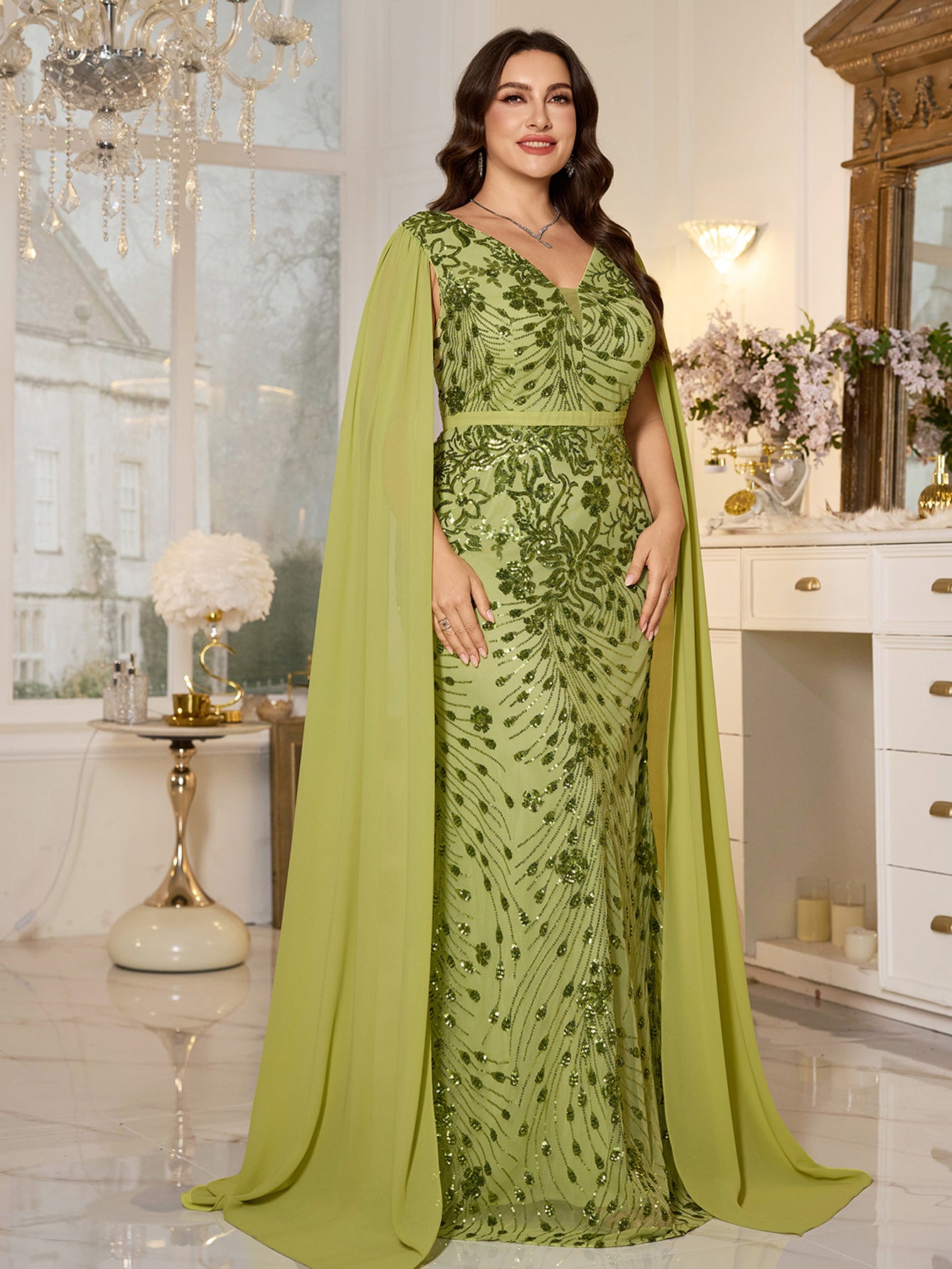 Avocado Green Floral Sequin V‑Neck Cape Sleeve Plus‑Size Mermaid Evening Gown