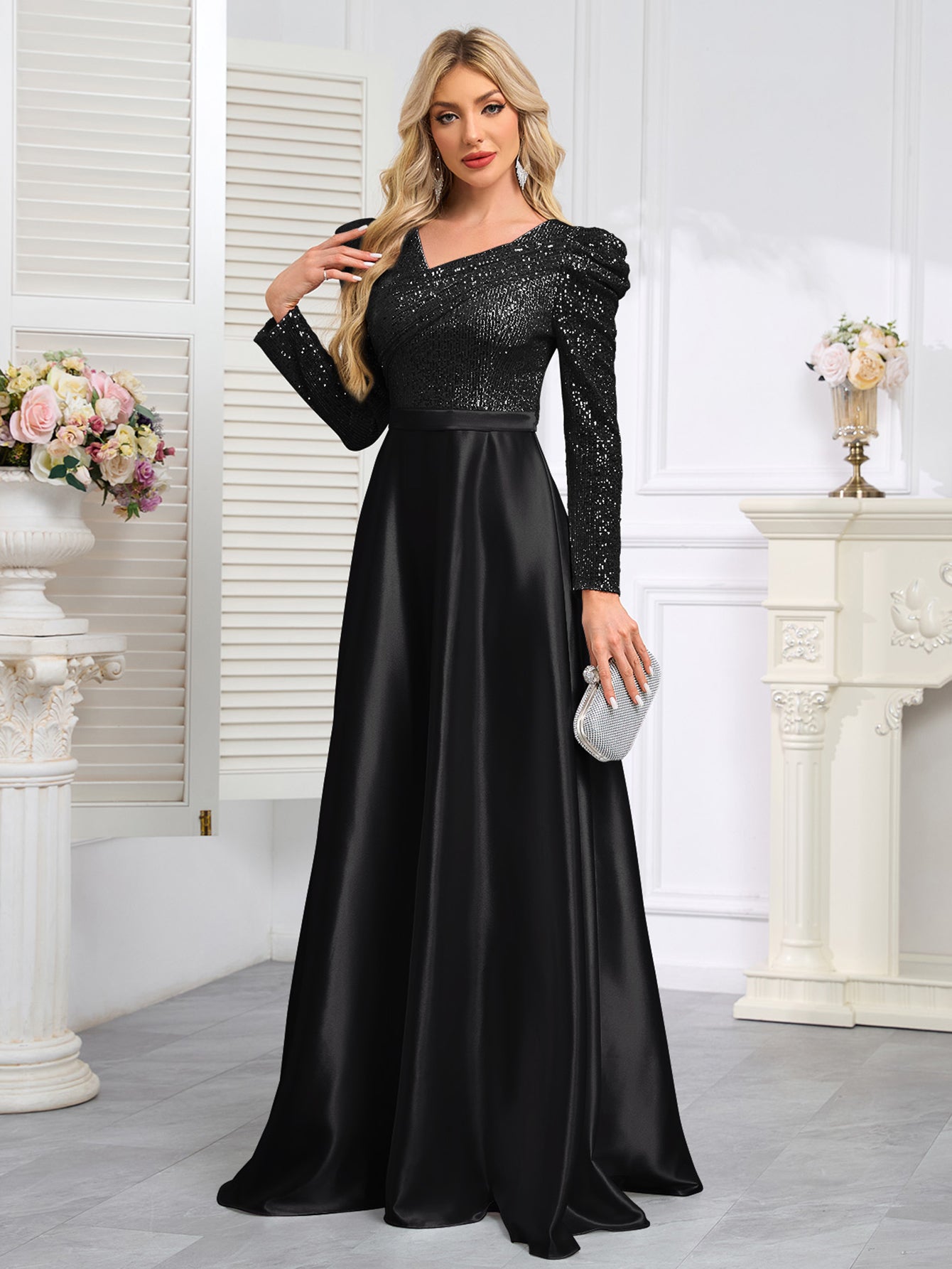 Dark Blue Satin Sequin Maxi Dress