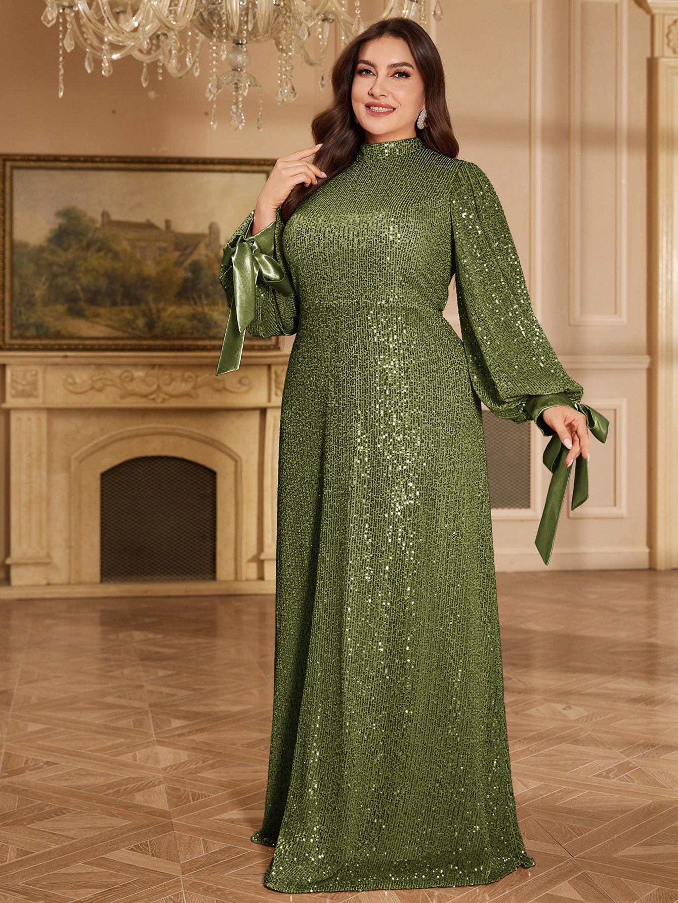 Champagne Bronze Floral Sequin Asymmetric Sleeve Mermaid Evening Gown