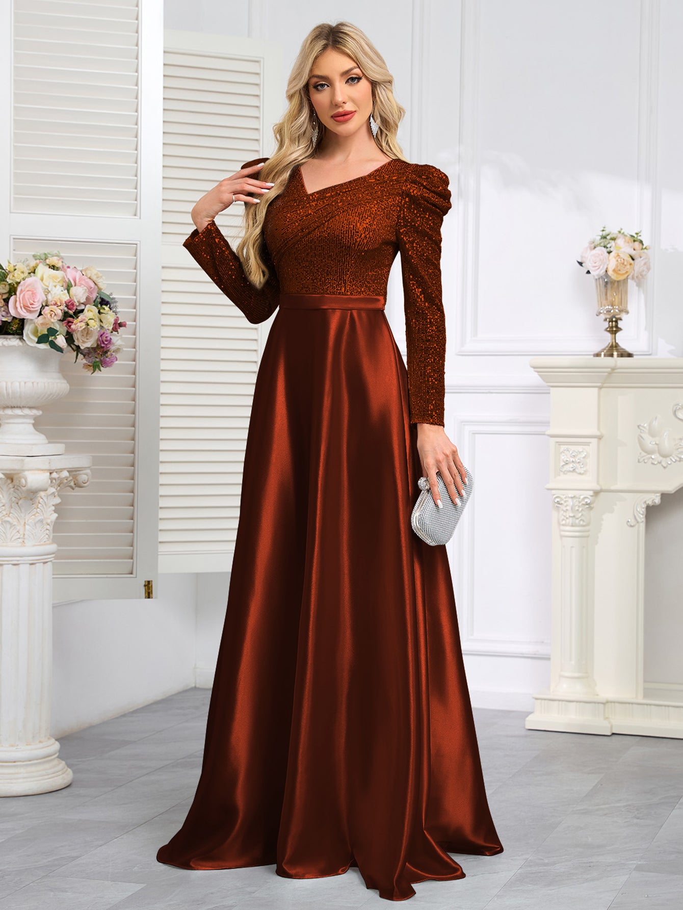 Dark Blue Satin Sequin Maxi Dress