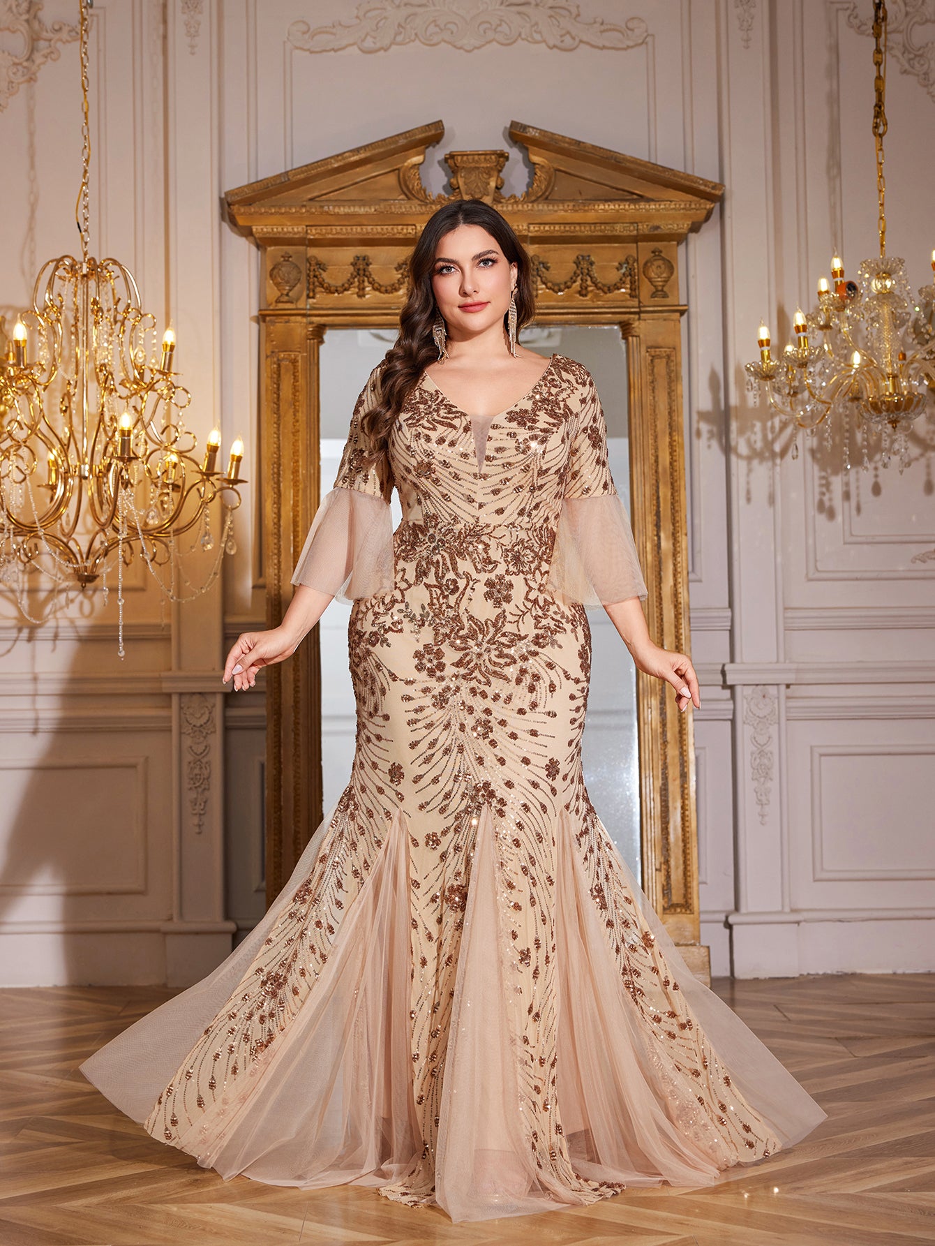 Bronze Gold Floral Sequin 3/4 Bell Sleeve Mesh Mermaid Plus Size Evening Gown