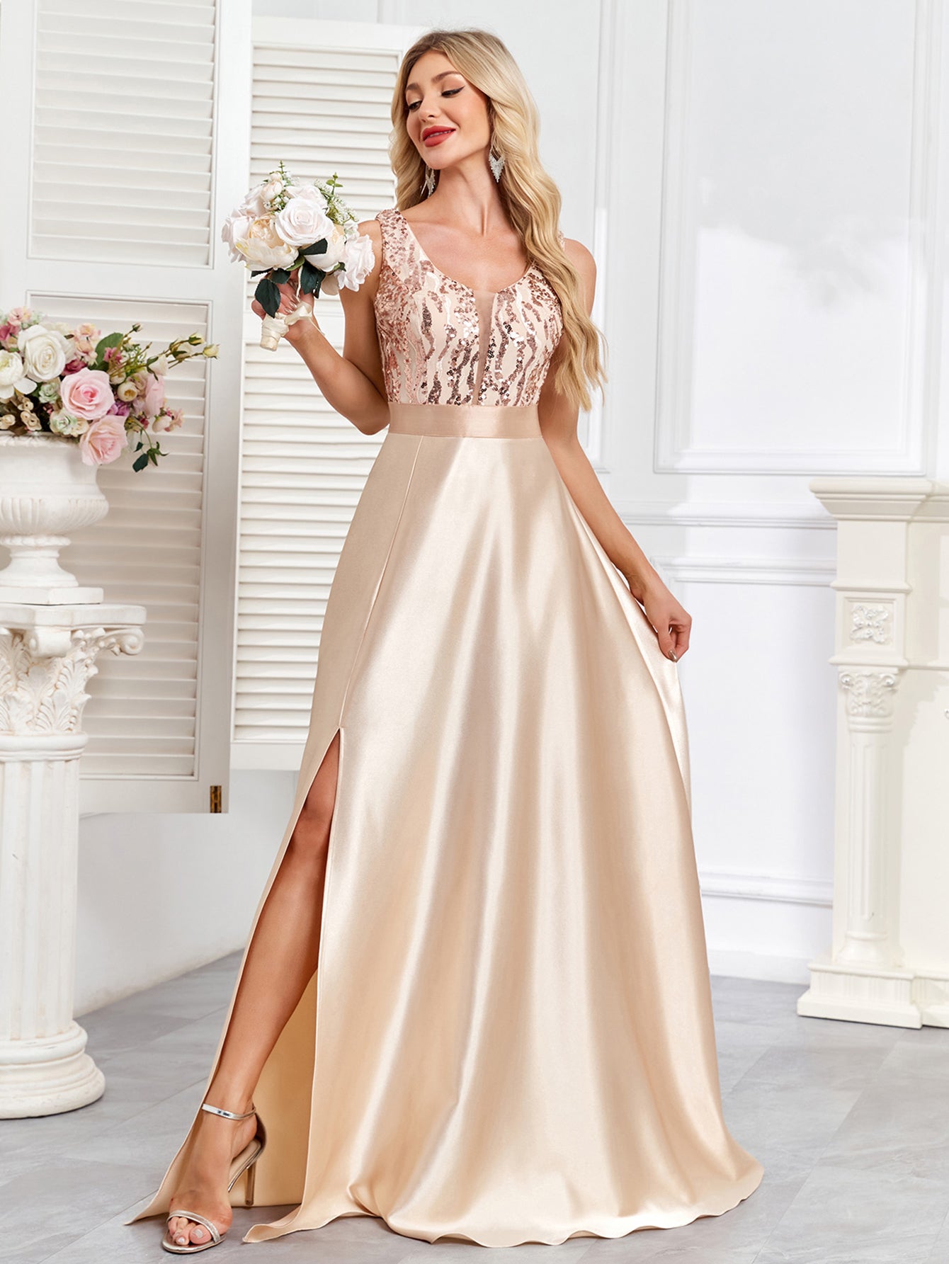 Champagne Sequin Satin Sleeveless High Slit A-Line Evening Gown