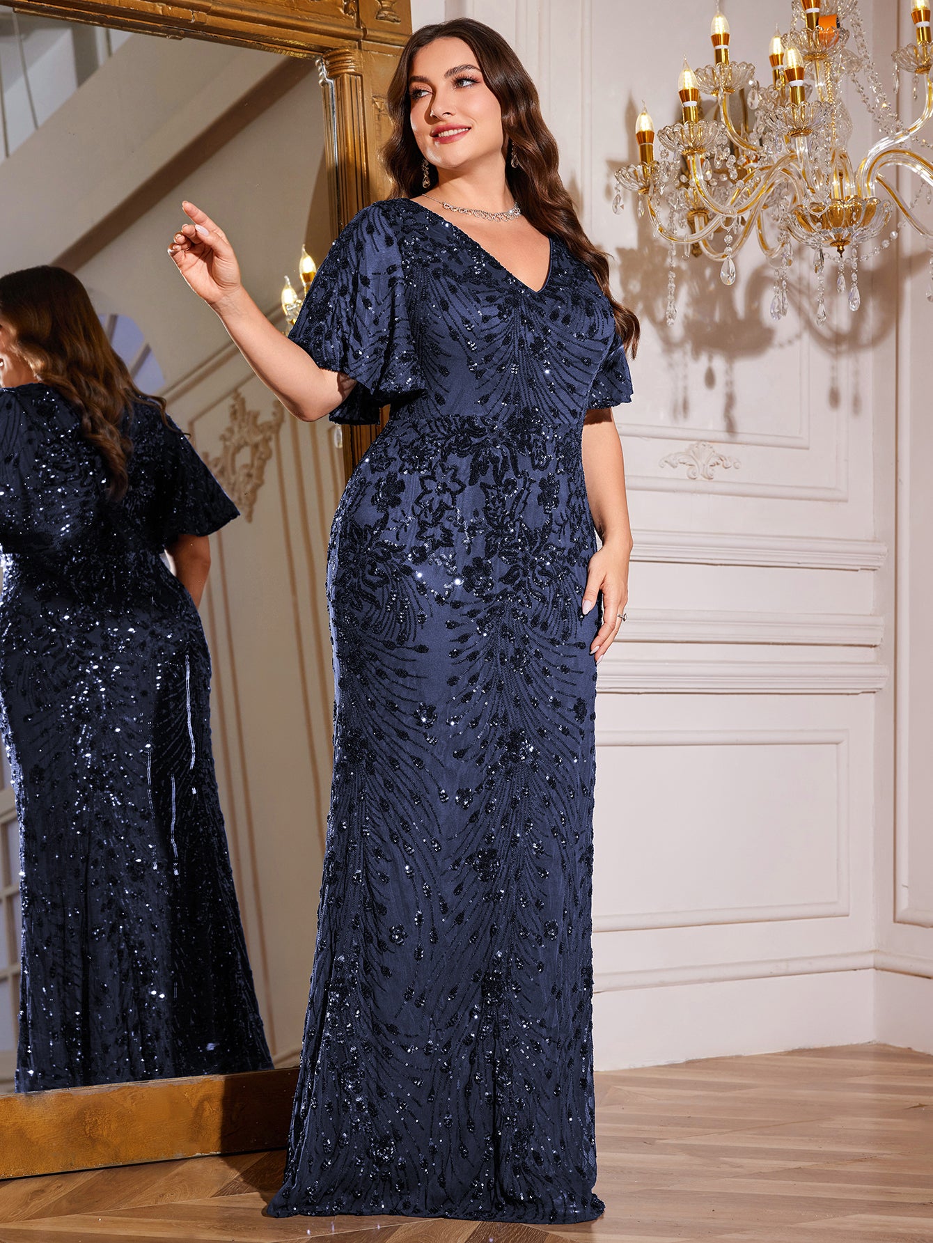 Royal Blue Sequin Flutter Sleeve Mermaid Evening Gown