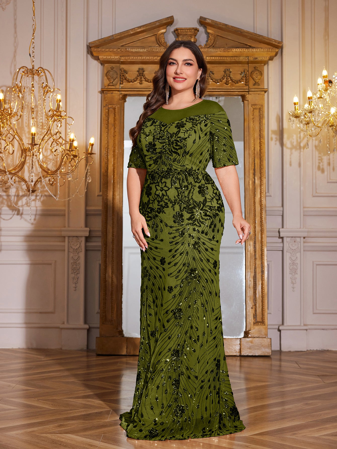 Teal Green Sequin Short Sleeve Mermaid Plus Size Evening Gown
