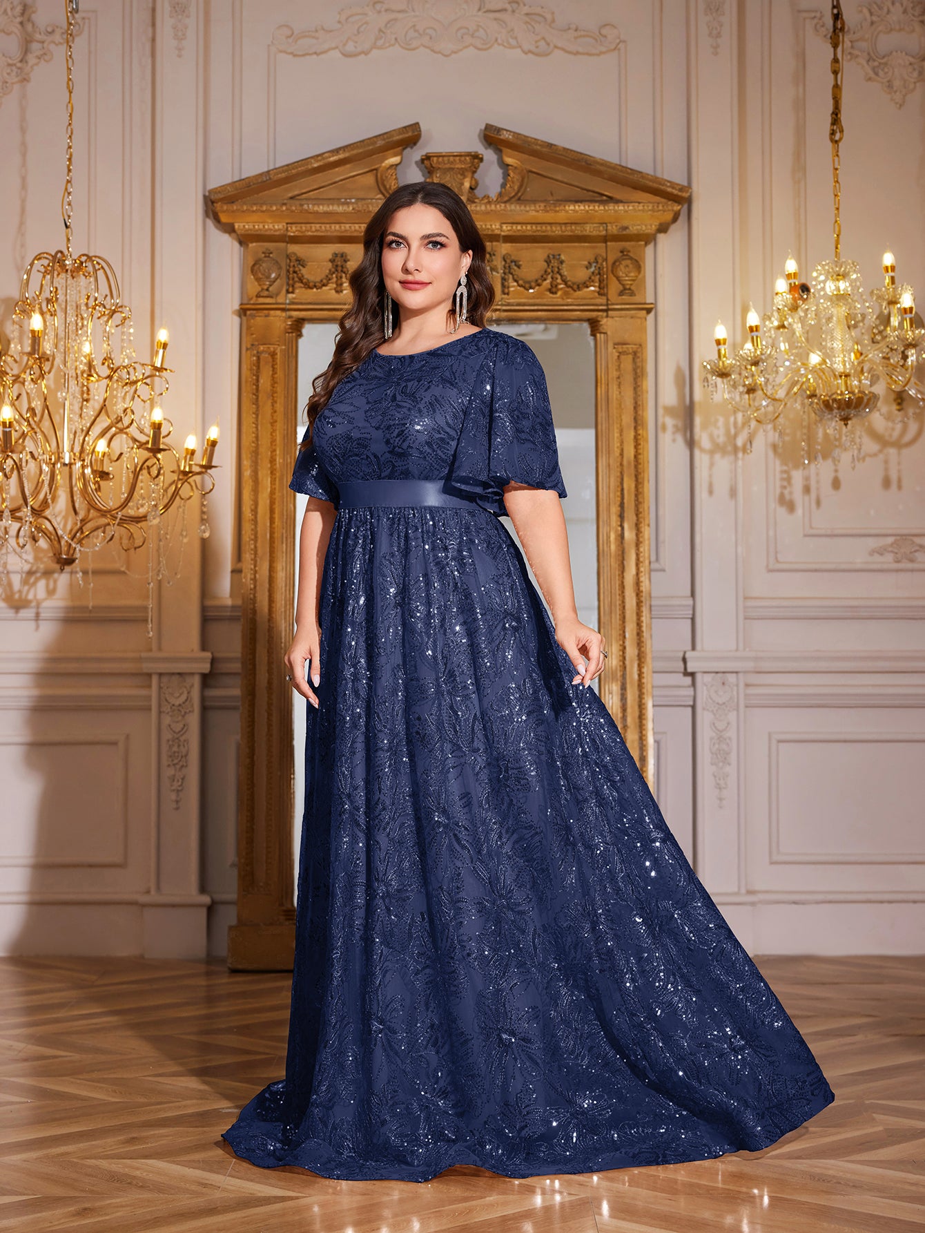 Rose Gold Sequin Flutter Sleeve Empire Waist A‑Line Plus Size Evening Gown