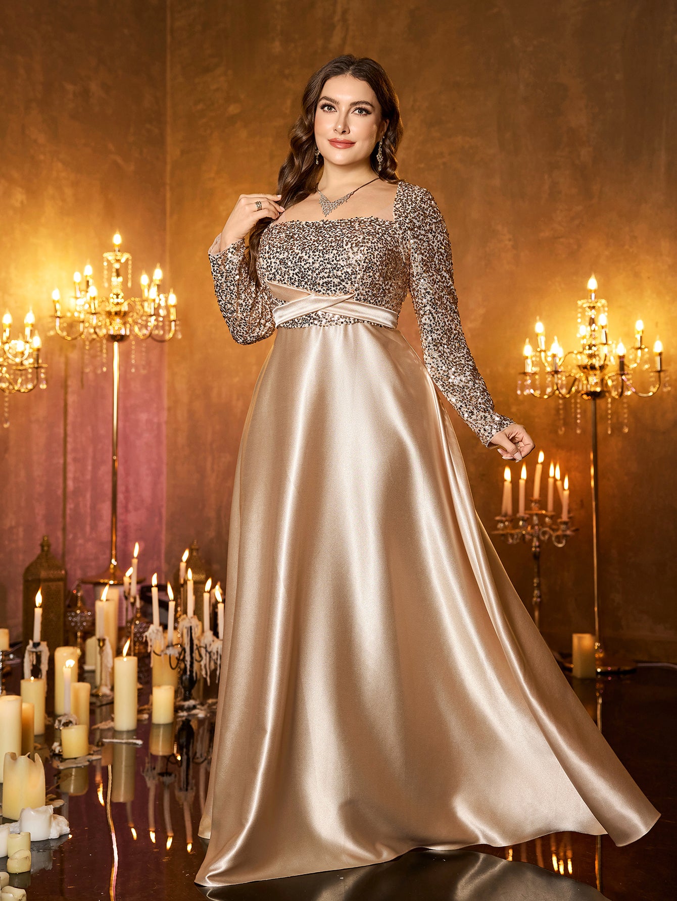 Champagne Silver Beaded High‑Waist A‑Line Plus Size Evening Gown