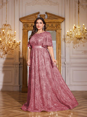 Rose Gold Sequin Flutter Sleeve Empire Waist A‑Line Plus Size Evening Gown