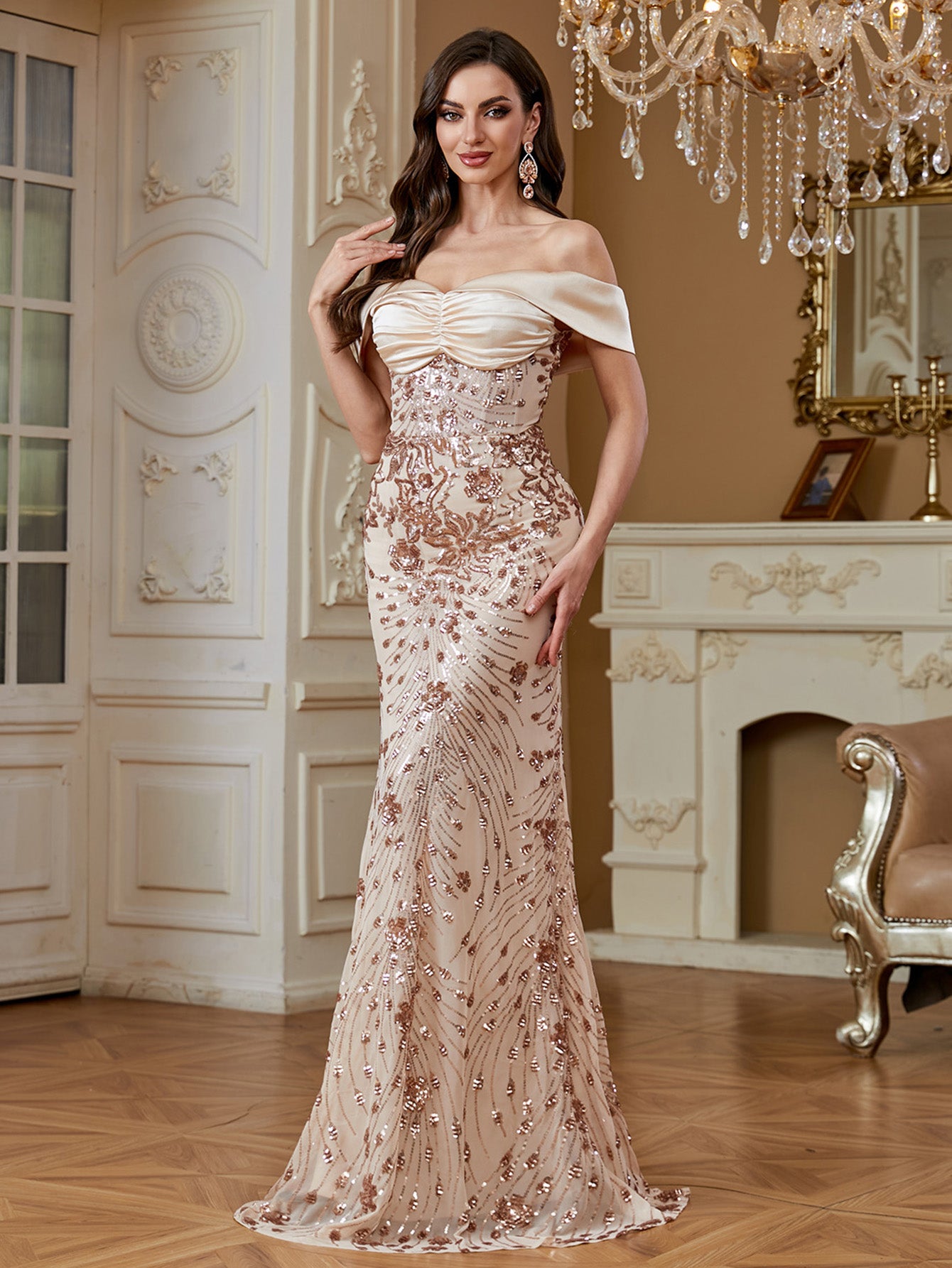 Champagne Sequin Satin Bow Off‑Shoulder Mermaid Dress