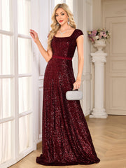 Burgundy Sequin Square Neck Cap Sleeve A Line Evening Gown