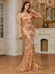 Champagne Gold Sequin Off Shoulder Long Sleeve Mermaid Evening Gown