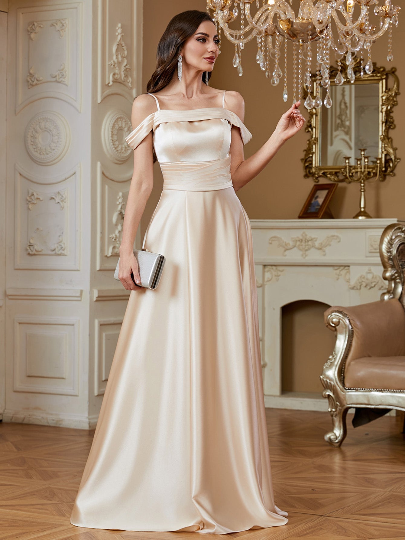 Champagne Off‑Shoulder Strap Satin A‑Line Evening Gown