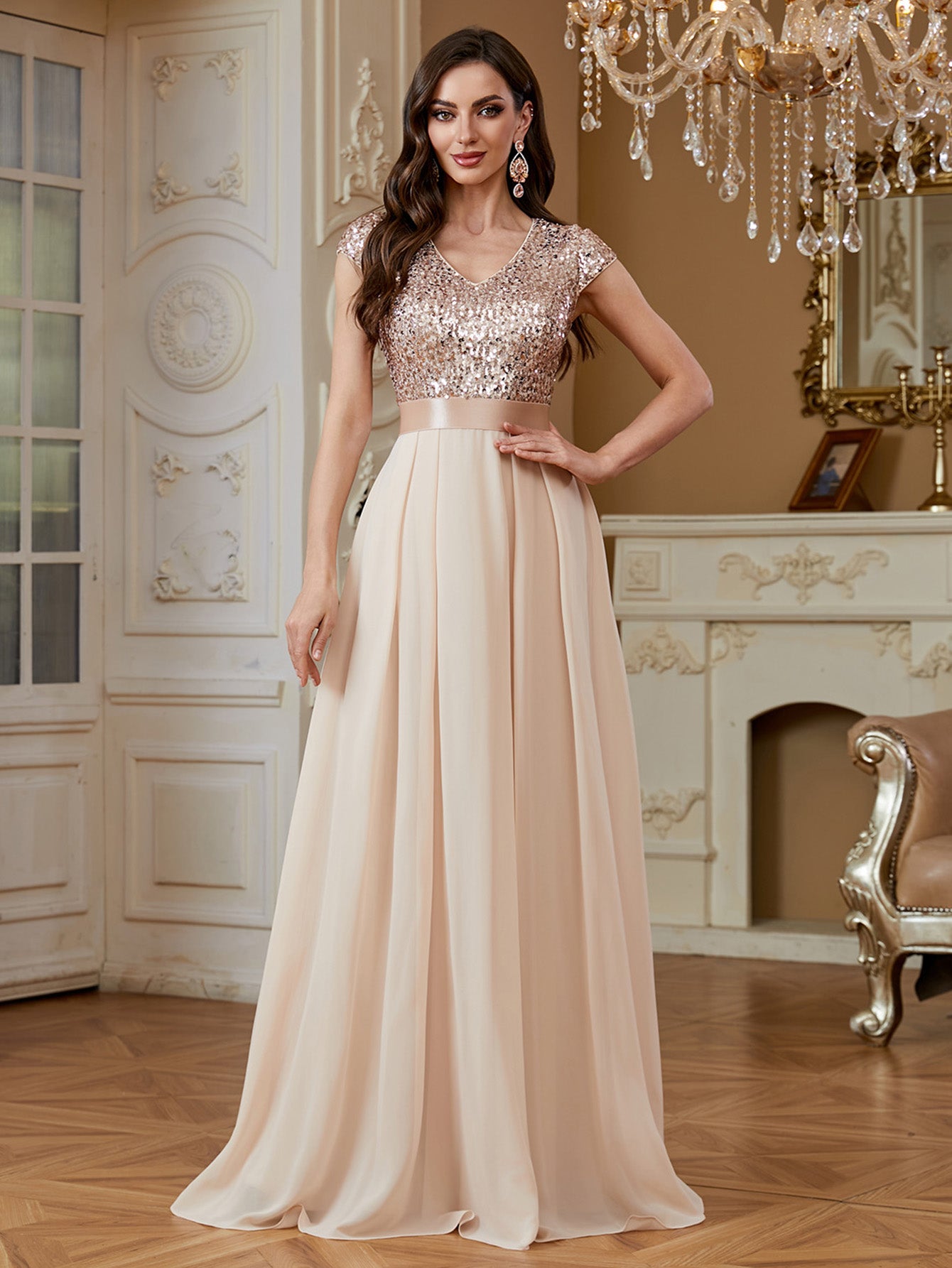 Champagne Sequin Cap Sleeve V Neck A Line Long Evening Dress