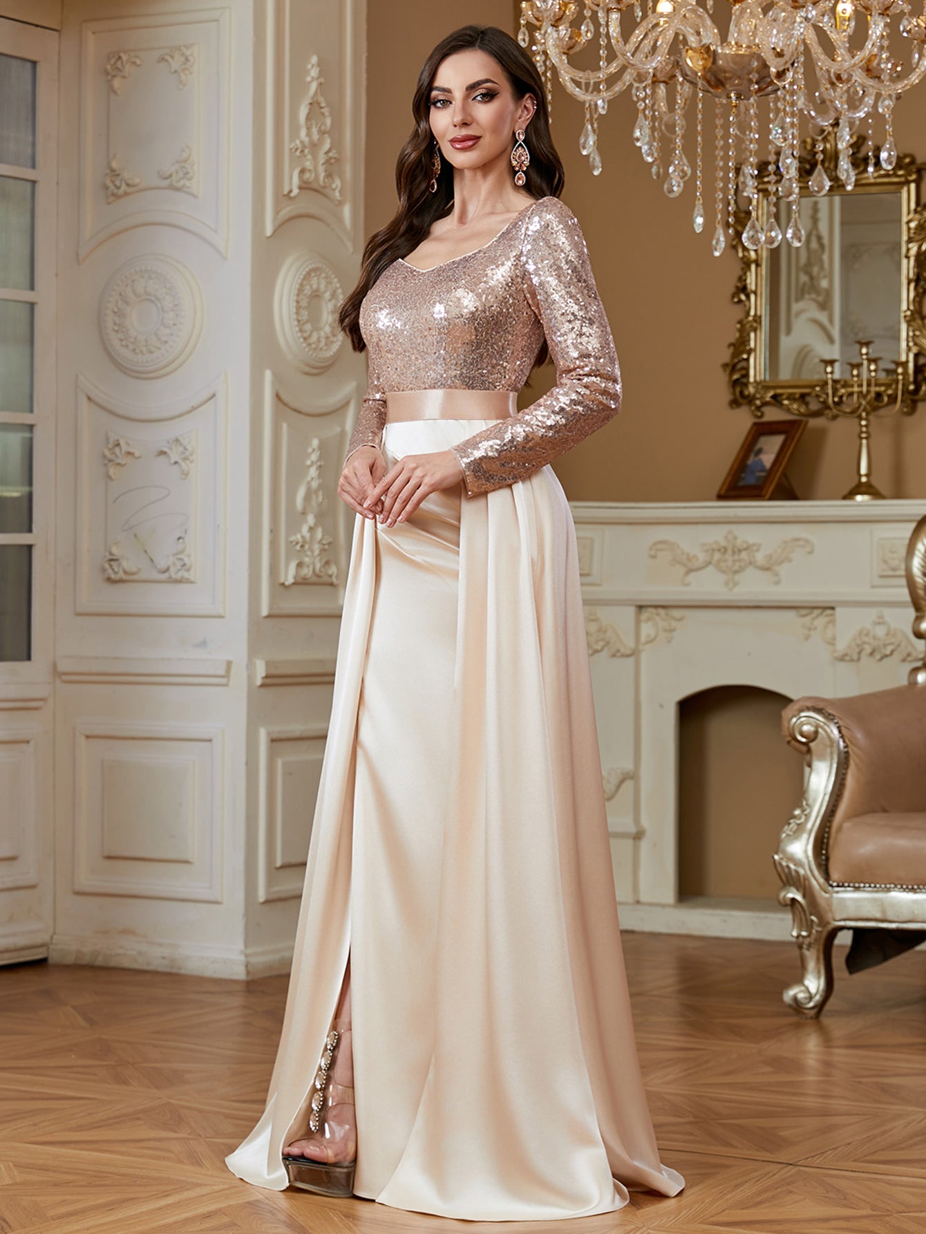 Stretch patchwork waistband and elastic satin skirt