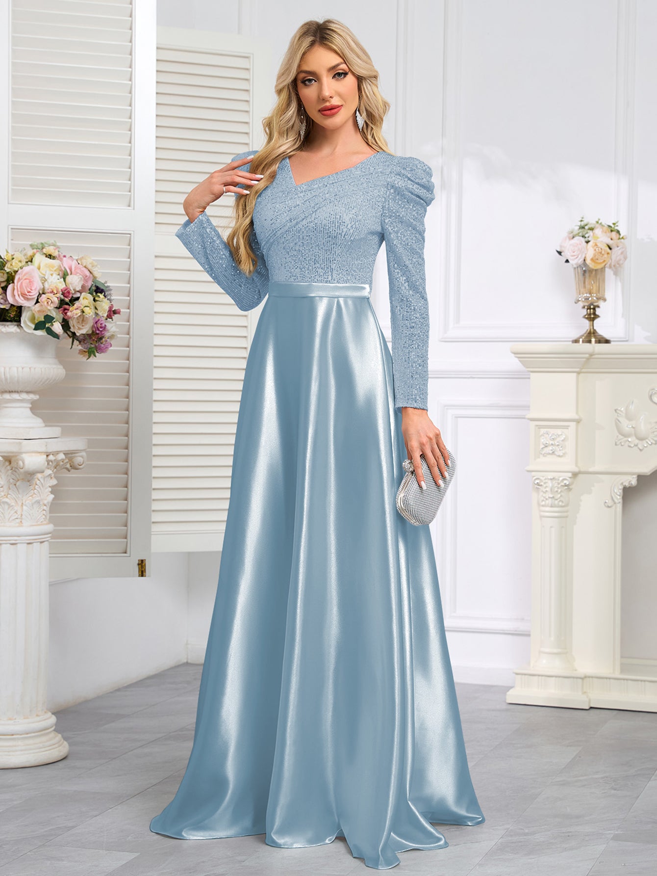 Dark Blue Satin Sequin Maxi Dress