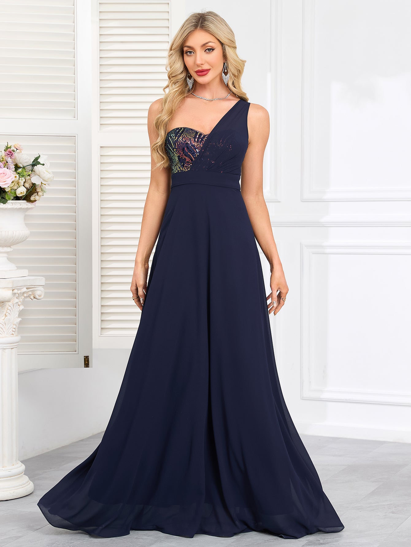 Navy Sequin One‑Shoulder A‑Line Maxi Evening Gown