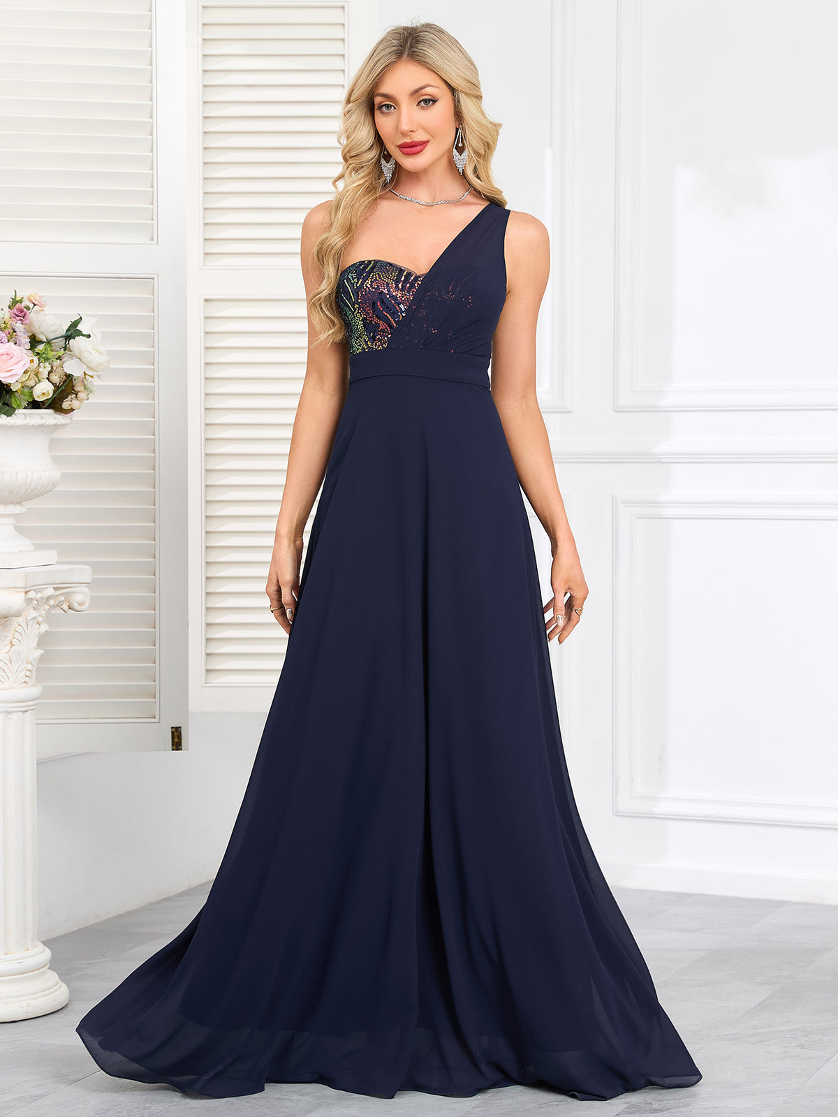 Navy Sequin One‑Shoulder A‑Line Maxi Evening Gown