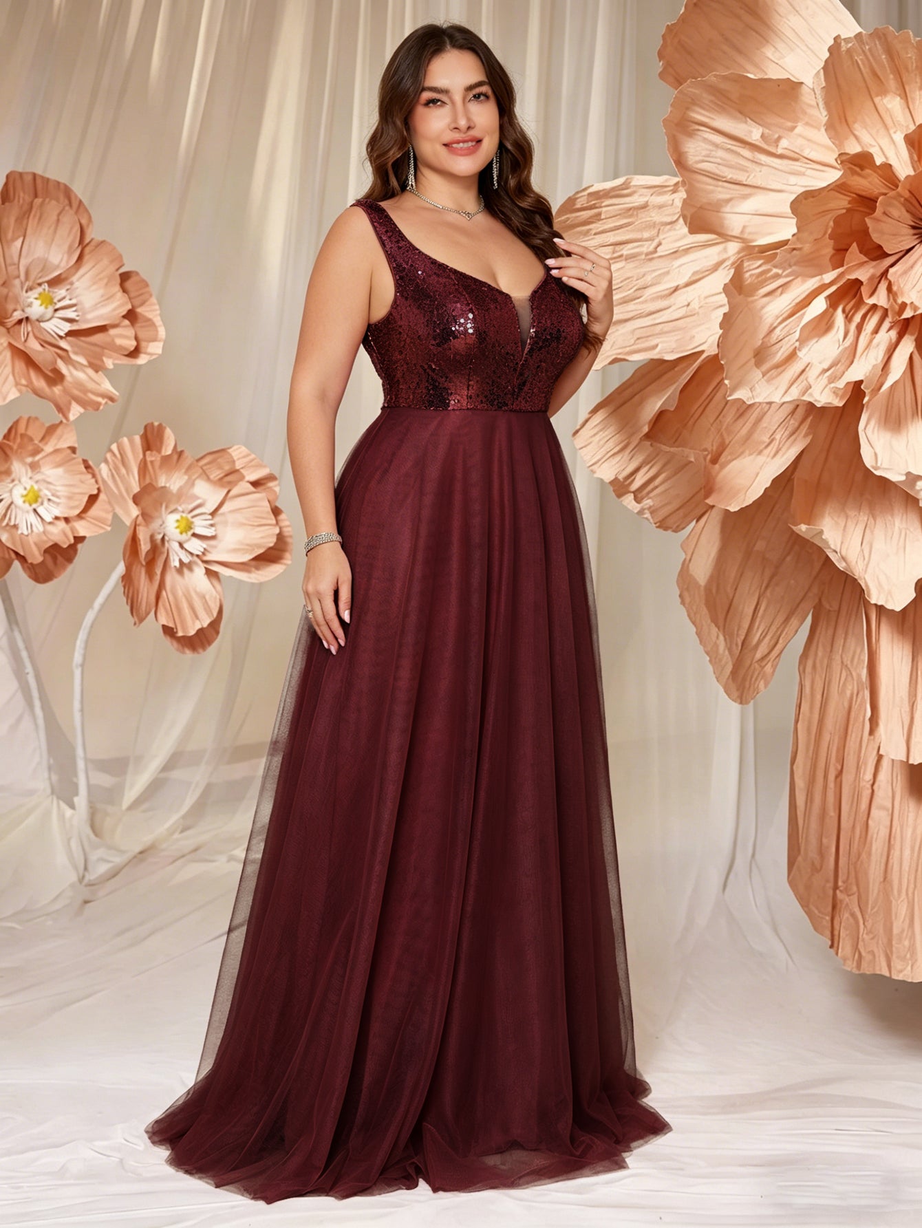 V-neck Long Sleeveless Sequined Embroidered Dress