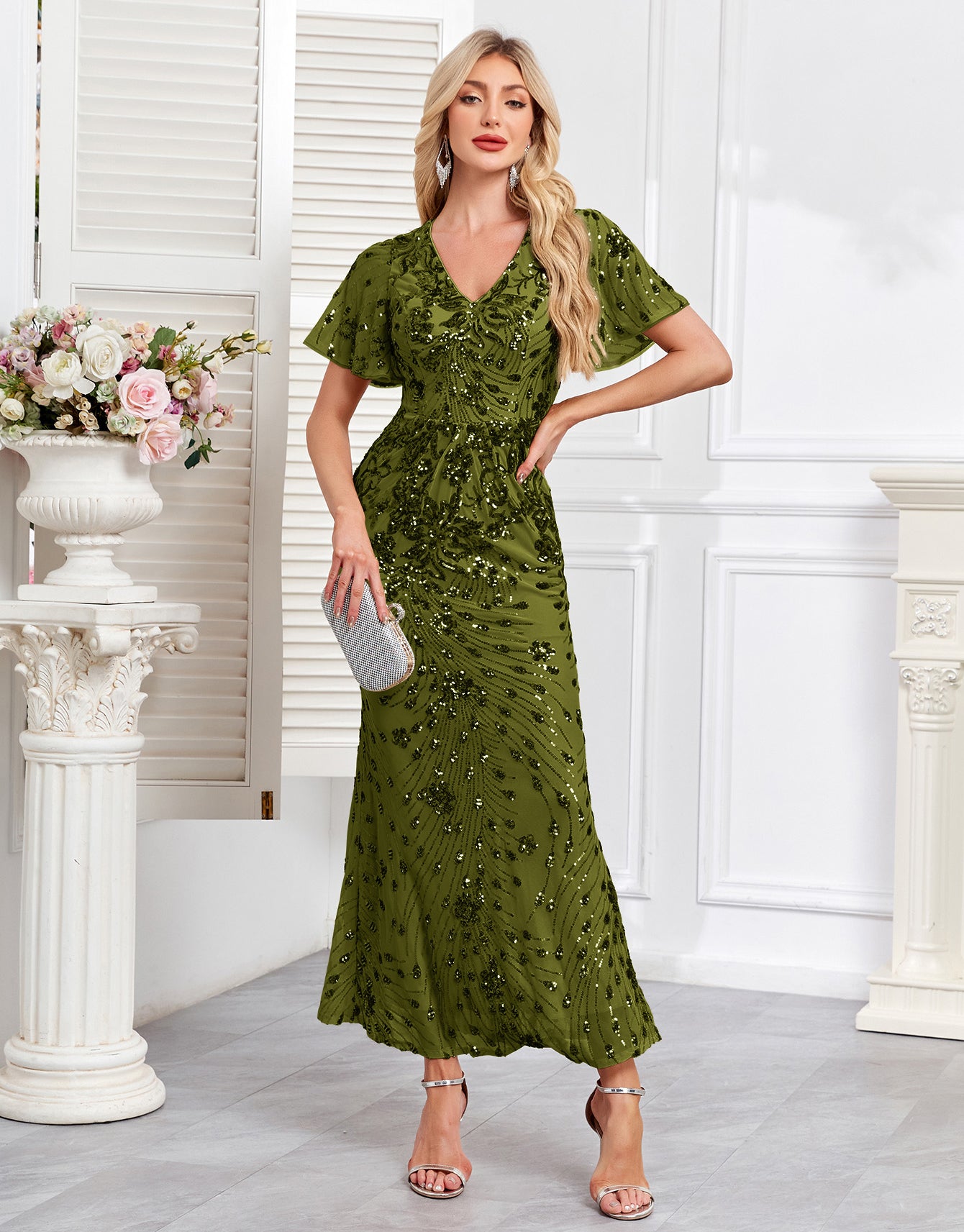 Champagne Gold Sequin Short Sleeve V Neck Midi Mermaid Evening Dress