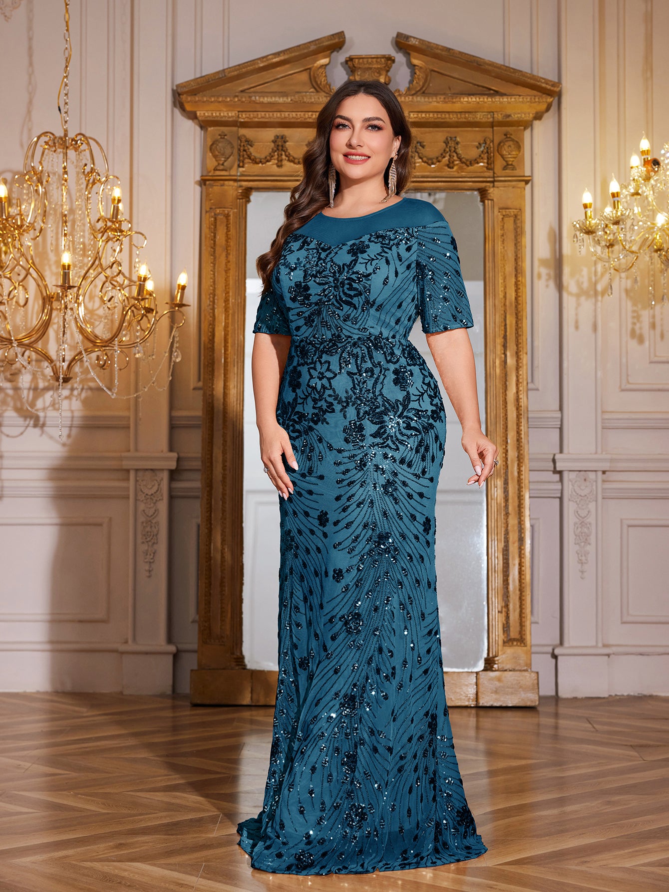 Teal Green Sequin Short Sleeve Mermaid Plus Size Evening Gown
