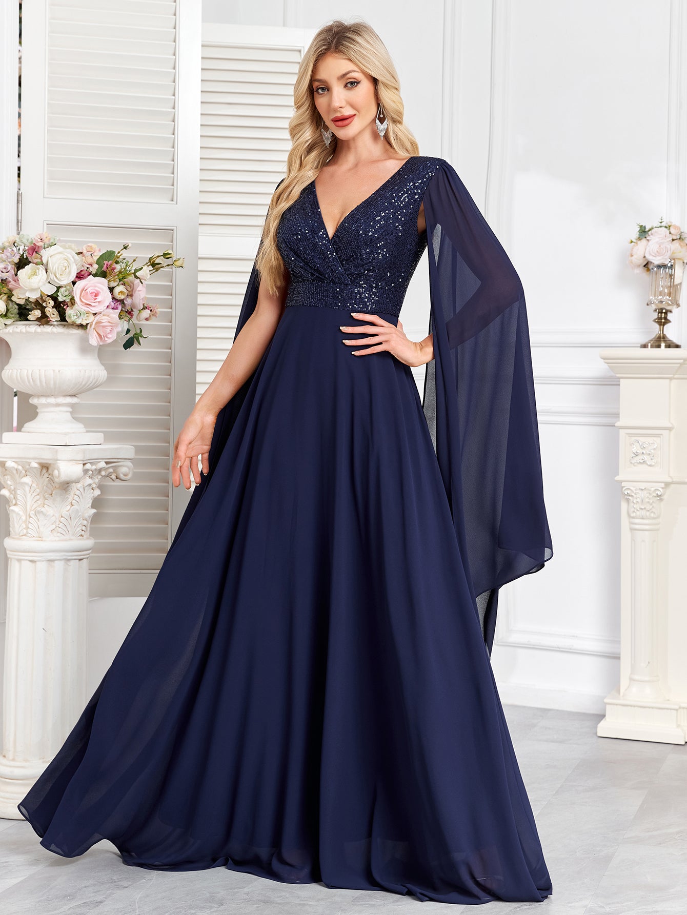 Navy Blue Sequin V‑Neck Cape Sleeve A‑Line Chiffon Evening Gown