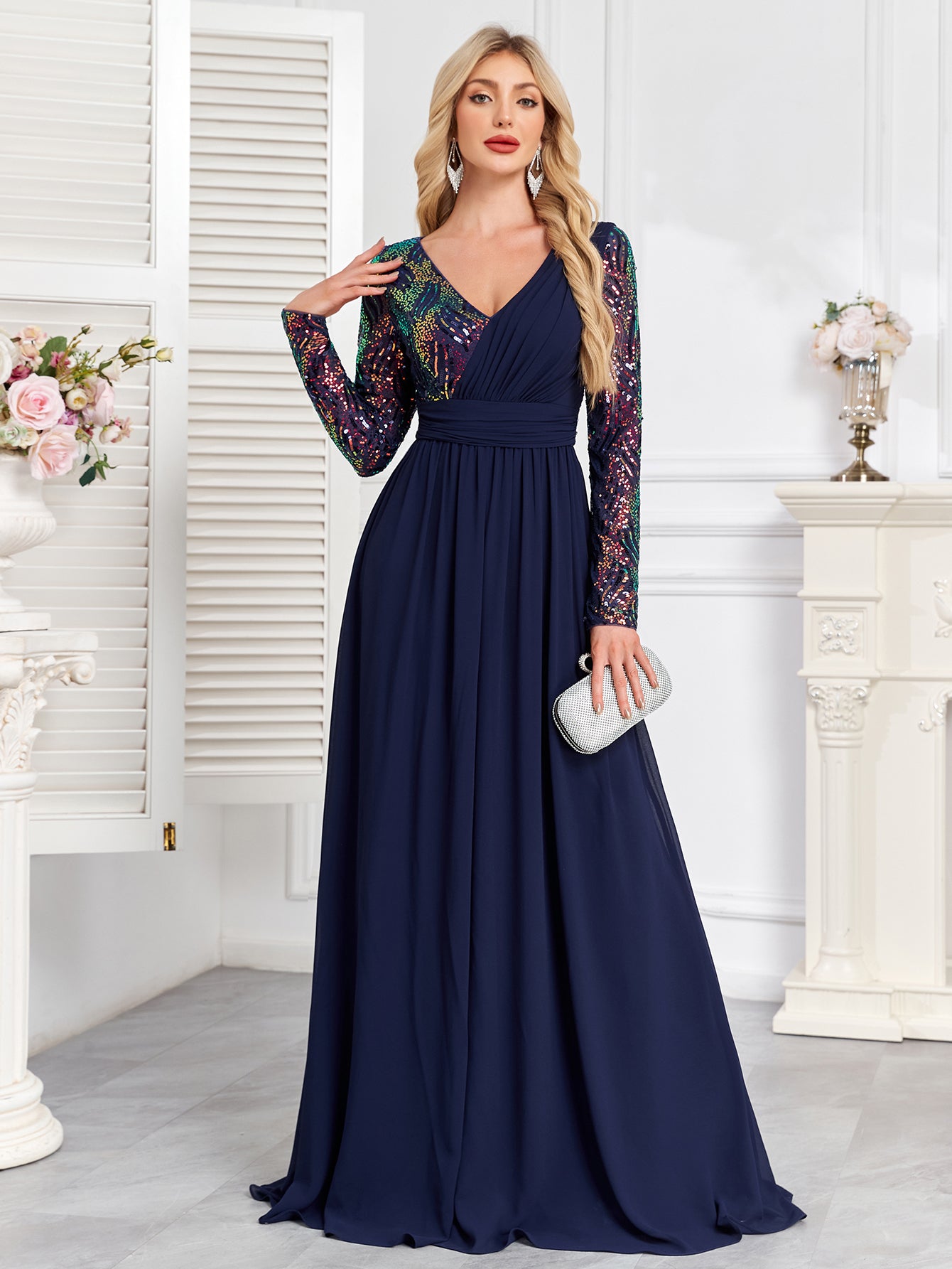 Navy Blue Multicolor Sequin Long Sleeve A‑Line Evening Gown