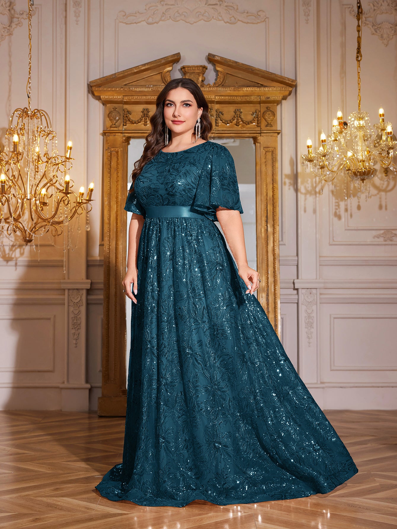 Rose Gold Sequin Flutter Sleeve Empire Waist A‑Line Plus Size Evening Gown