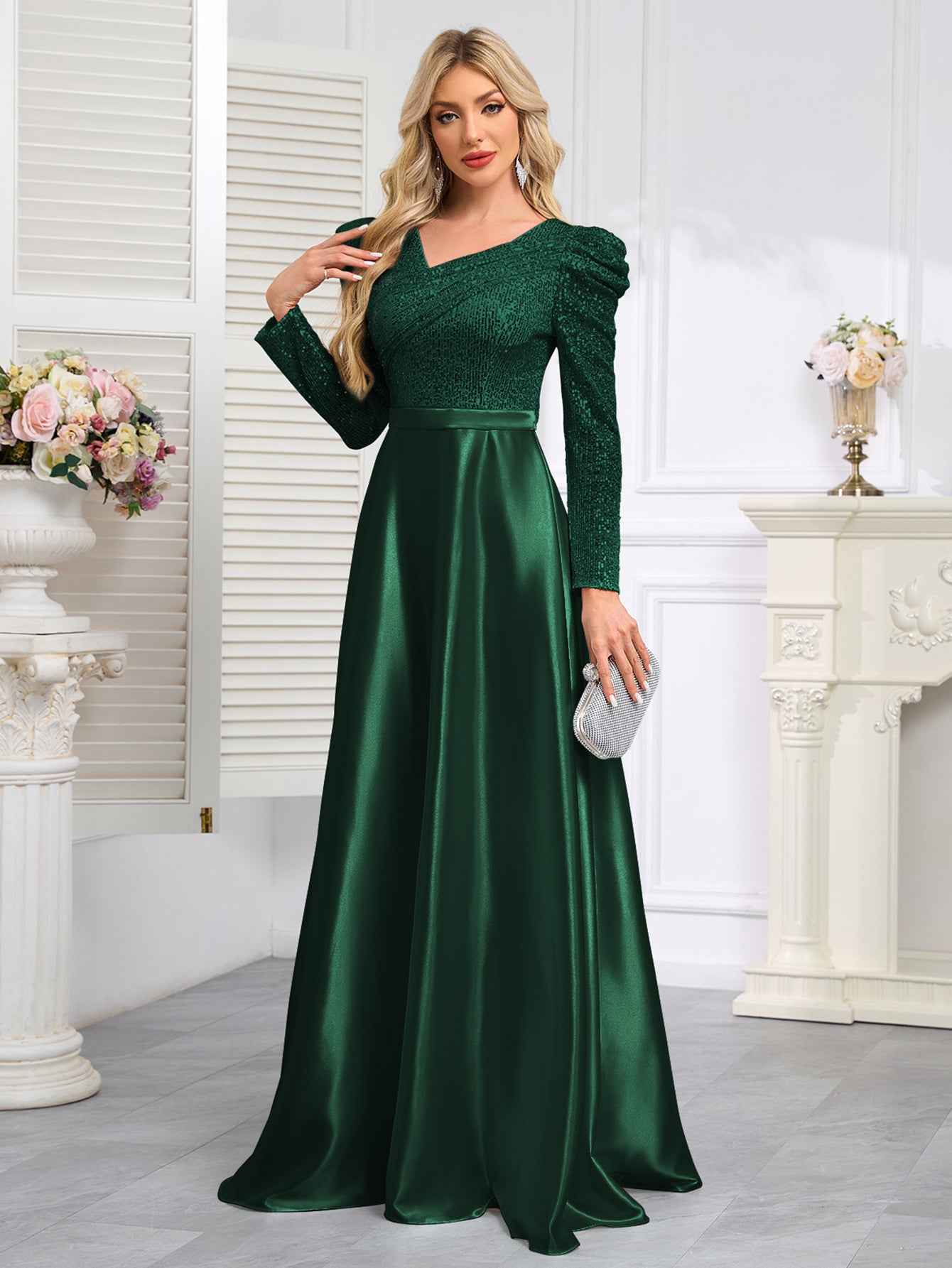 Dark Blue Satin Sequin Maxi Dress
