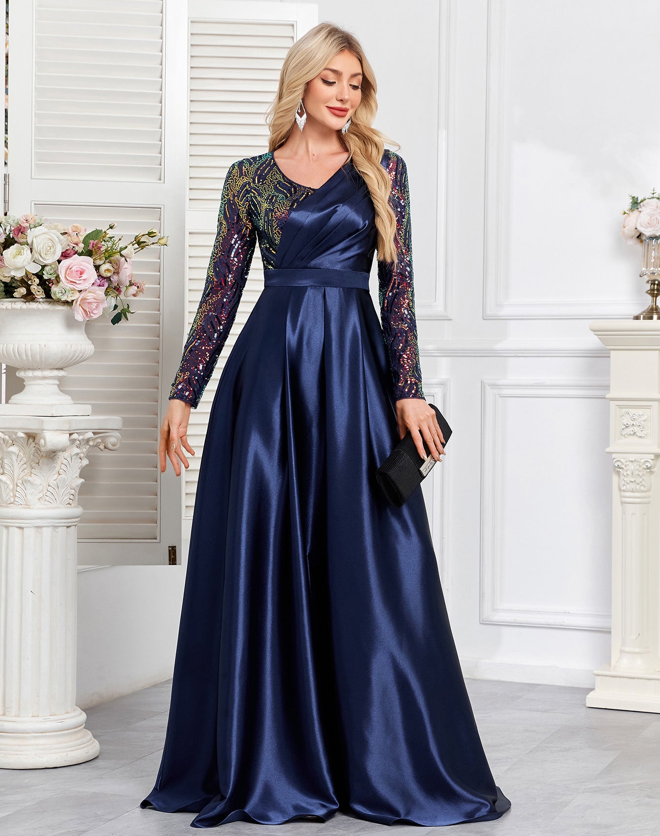 Navy Blue Embroidered Long Sleeve A-Line Satin Plus Size Evening Gown