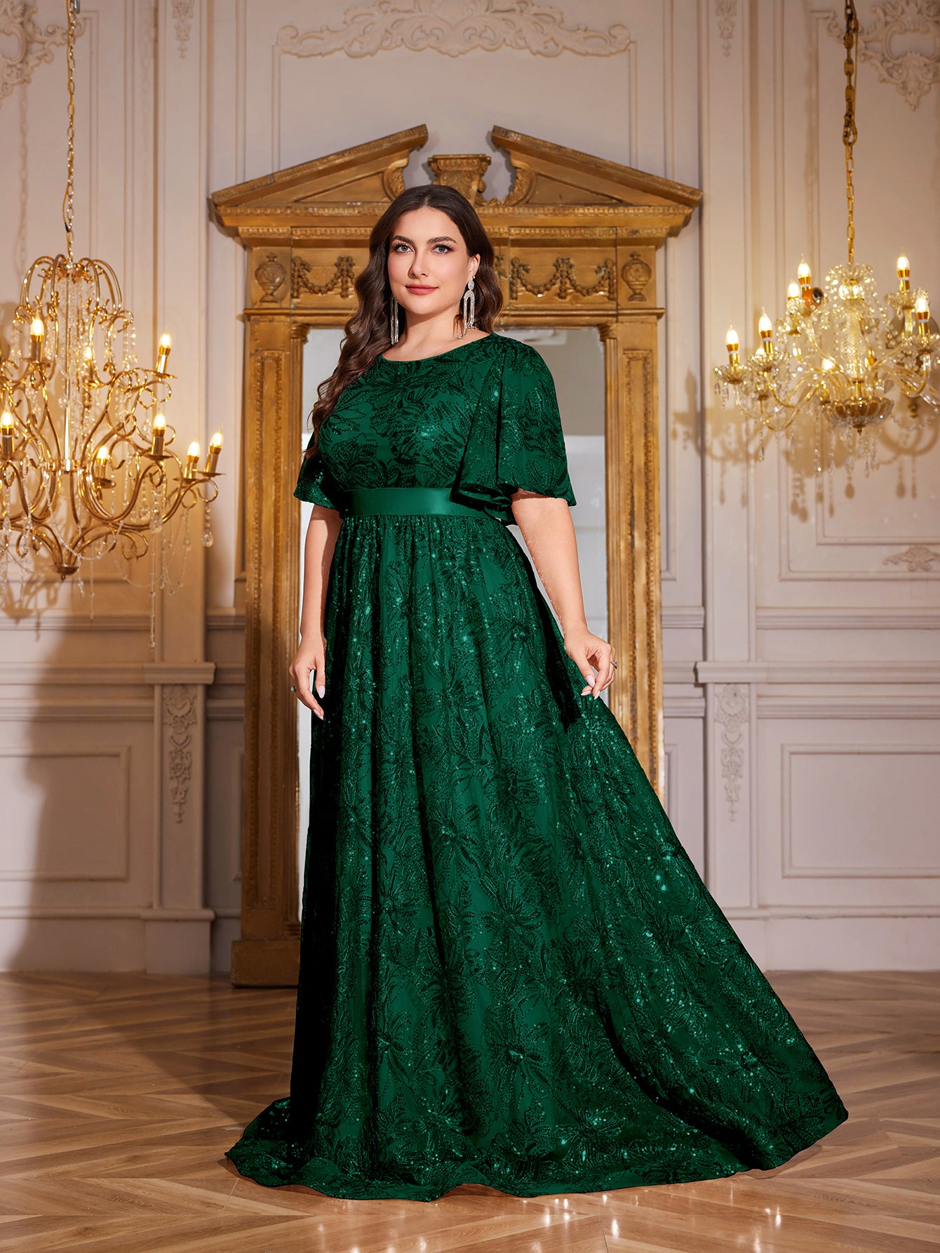 Rose Gold Sequin Flutter Sleeve Empire Waist A‑Line Plus Size Evening Gown