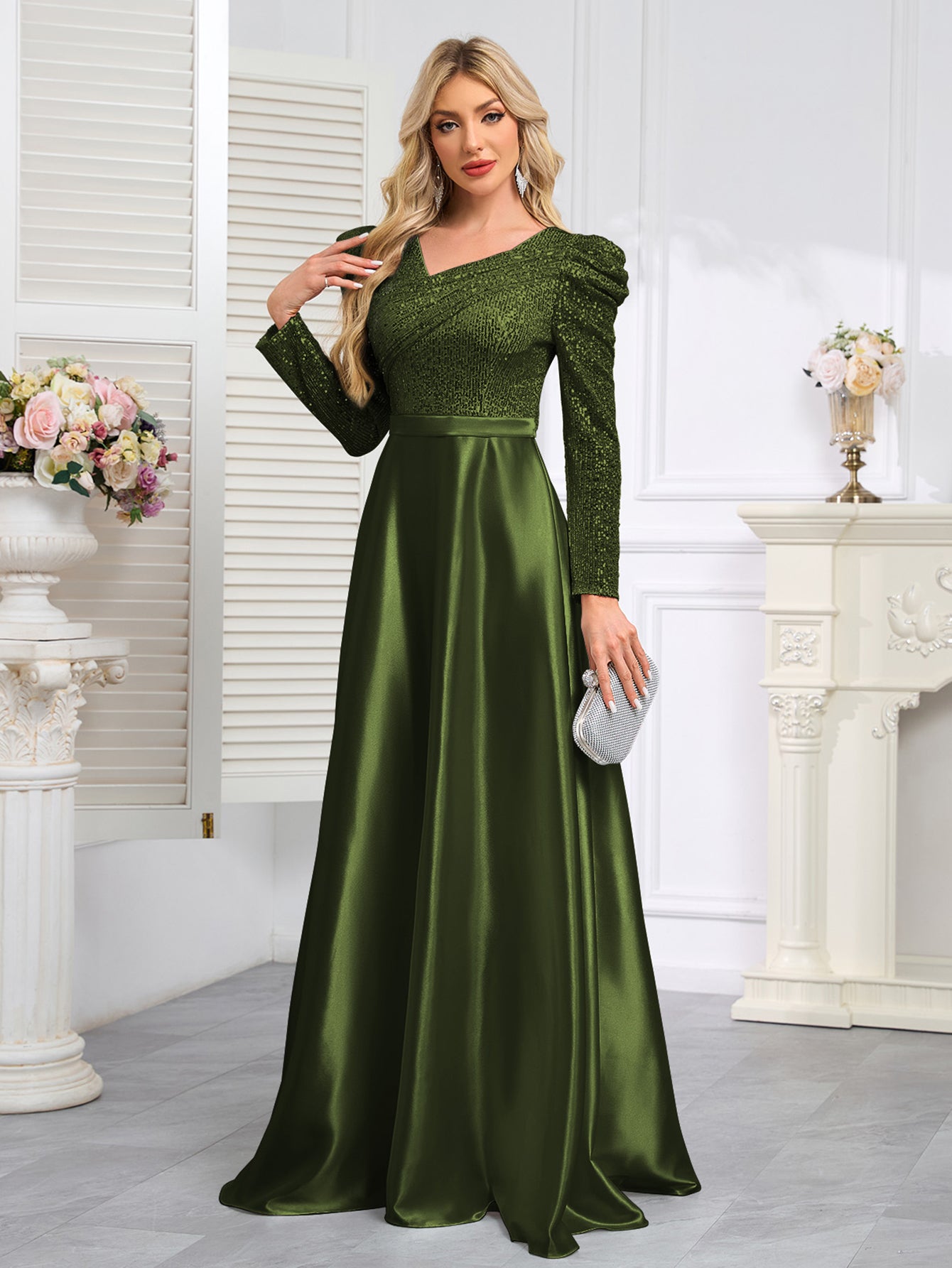 Dark Blue Satin Sequin Maxi Dress