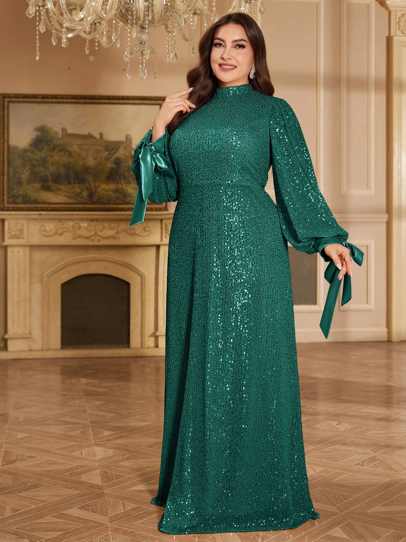 Champagne Bronze Floral Sequin Asymmetric Sleeve Mermaid Evening Gown