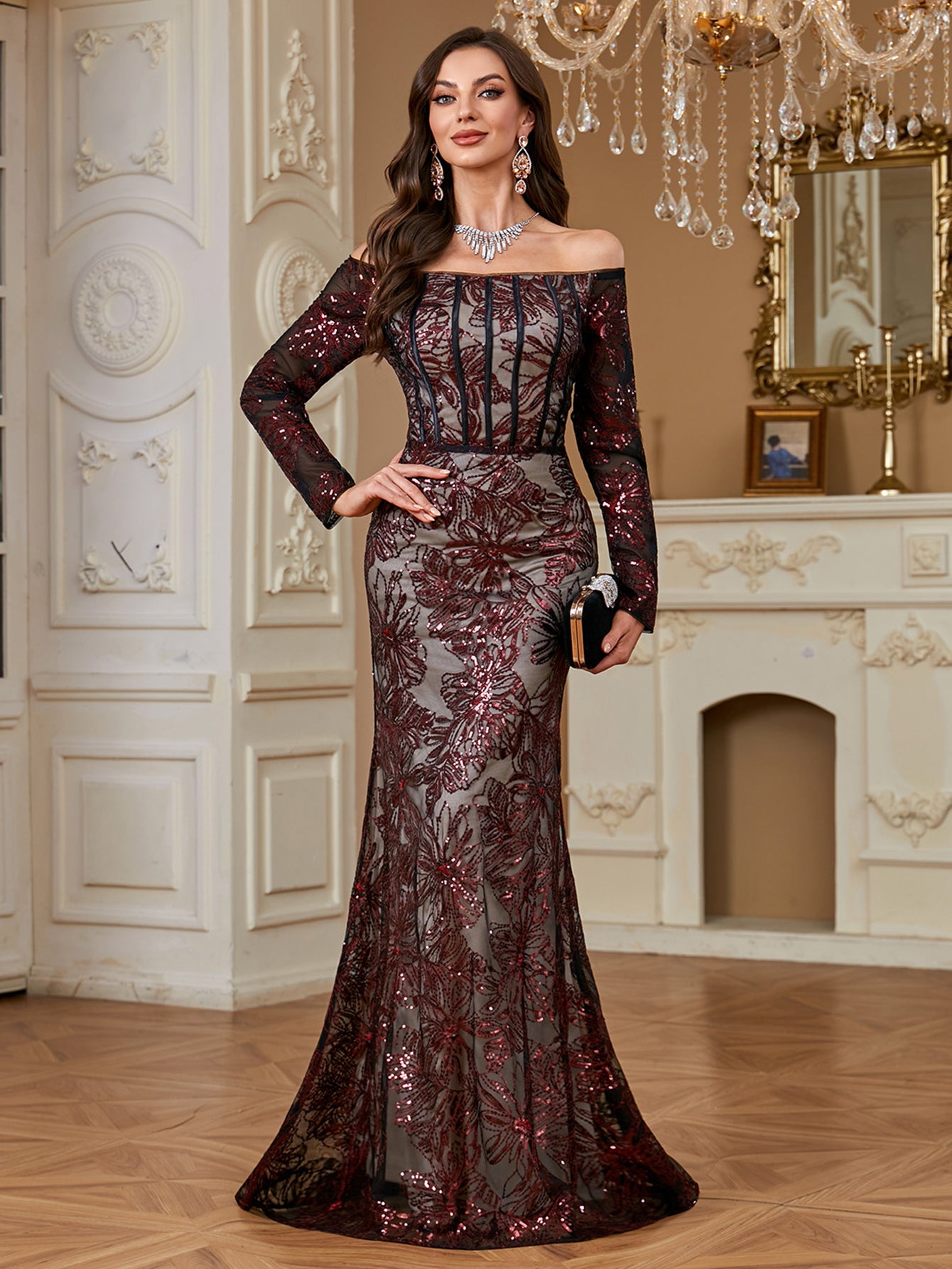 Burgundy Sequin Corset Off Shoulder Mermaid Evening Gown