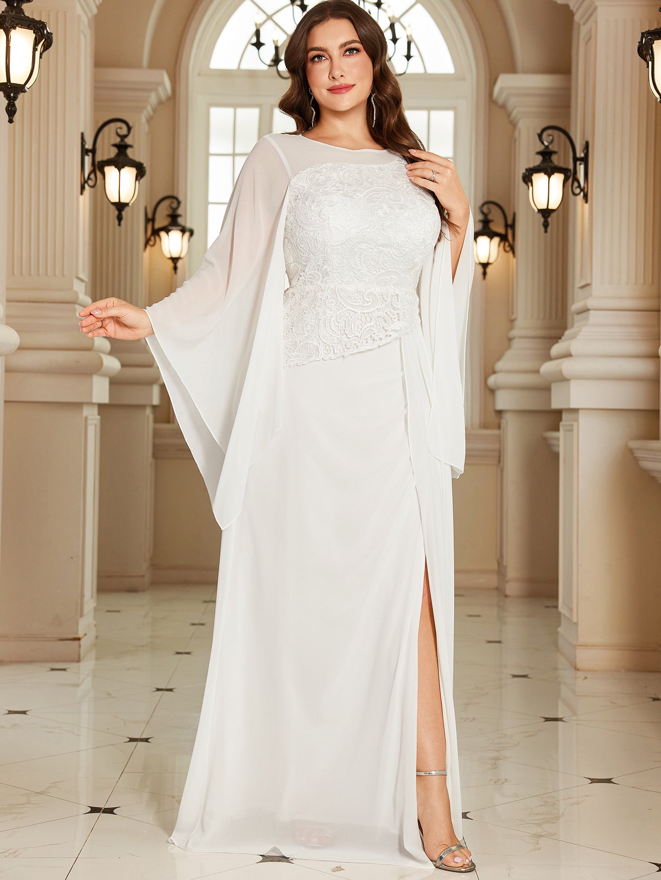 White Lace Cape‑Sleeve High‑Waist Slit A‑Line Maxi Gown
