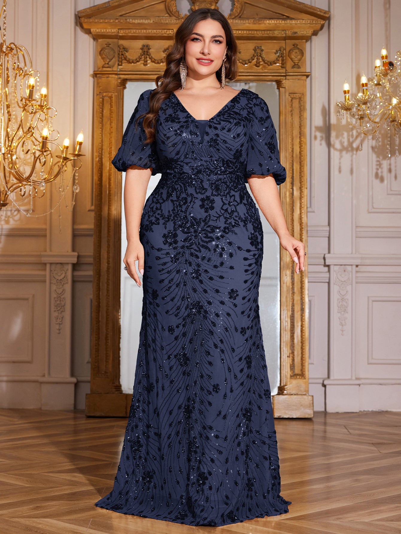 Navy Blue Sequin Puff Short Sleeve Mermaid Plus Size Evening Gown