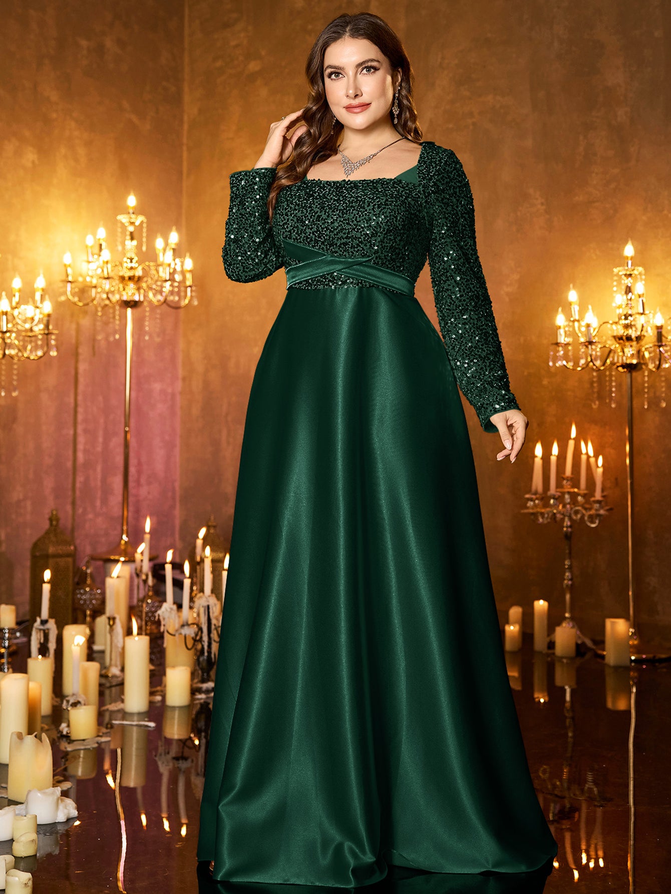 Champagne Silver Beaded High‑Waist A‑Line Plus Size Evening Gown