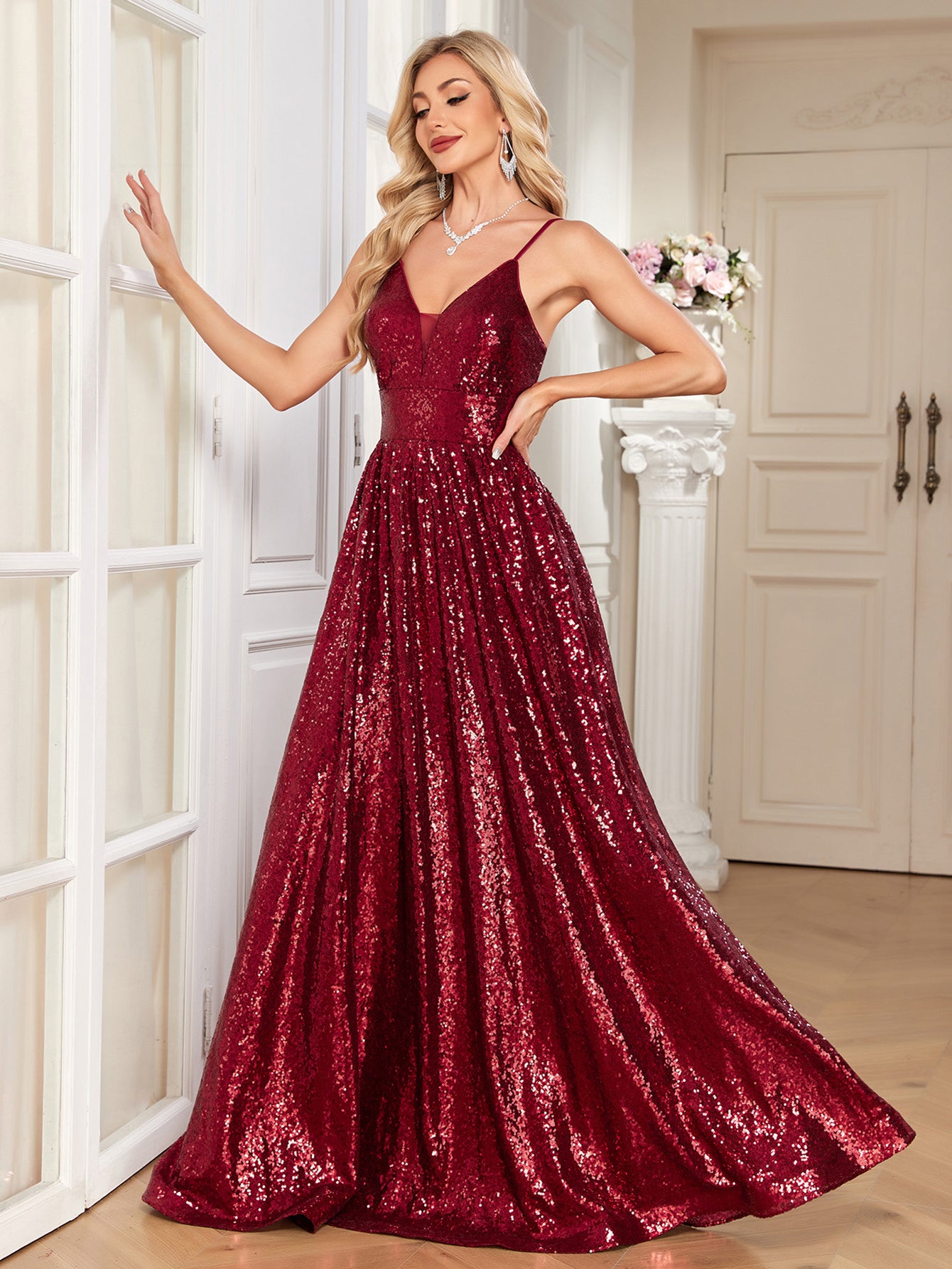 Burgundy Sequin Deep V A‑Line Maxi Dress, Sparkly Formal Evening Gown