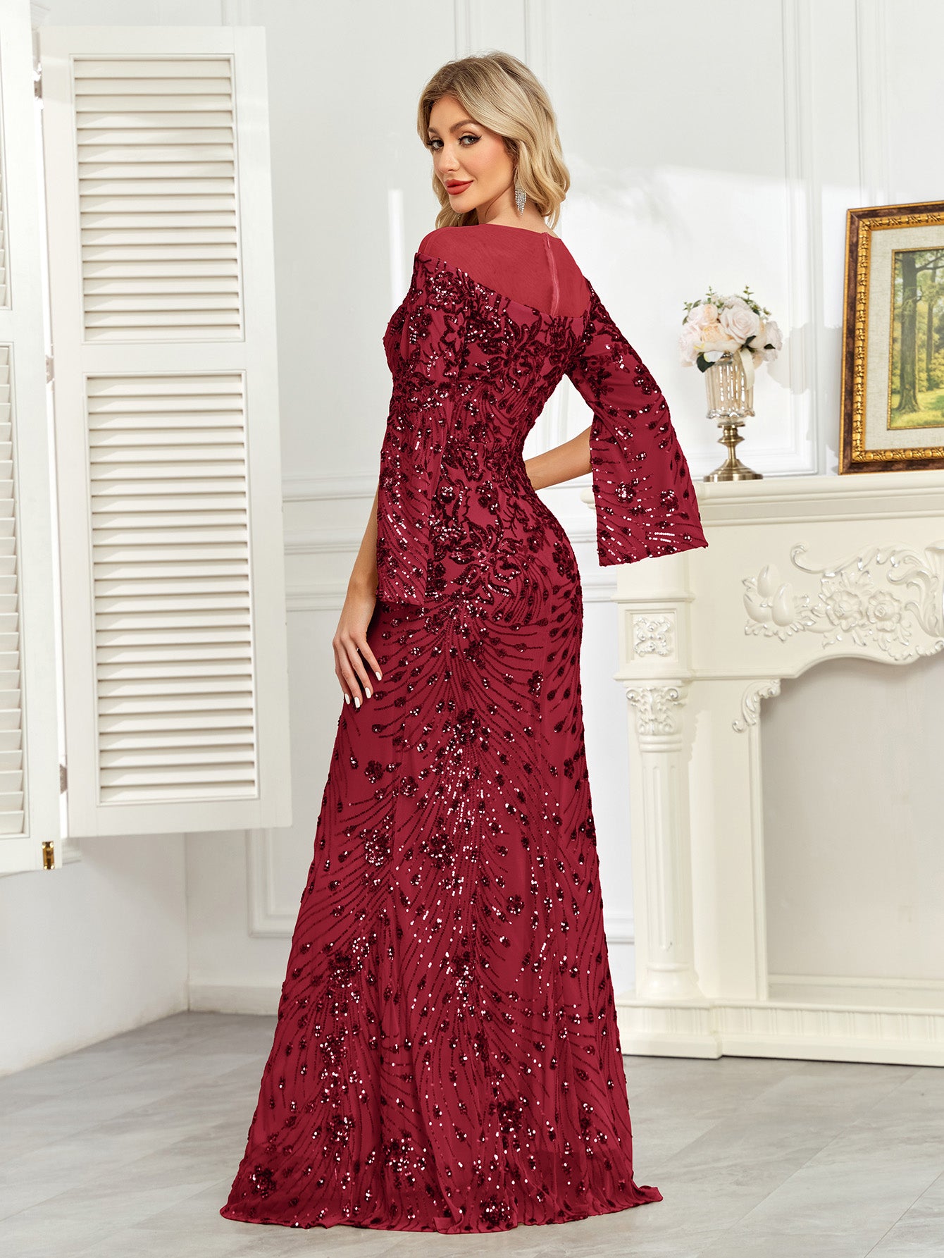 Royal Blue Sequin Split Flare‑Sleeve Mermaid Evening Gown