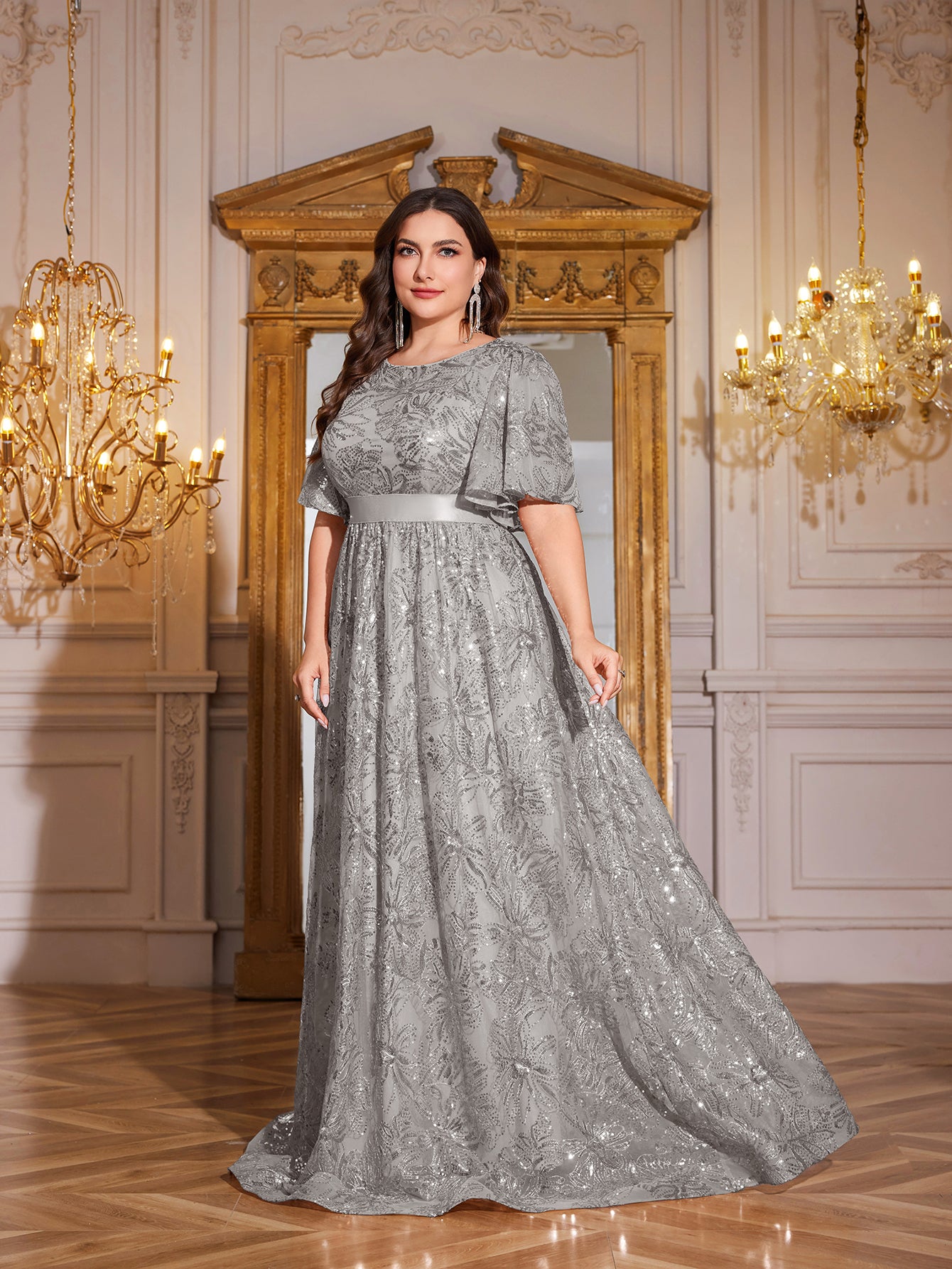 Rose Gold Sequin Flutter Sleeve Empire Waist A‑Line Plus Size Evening Gown