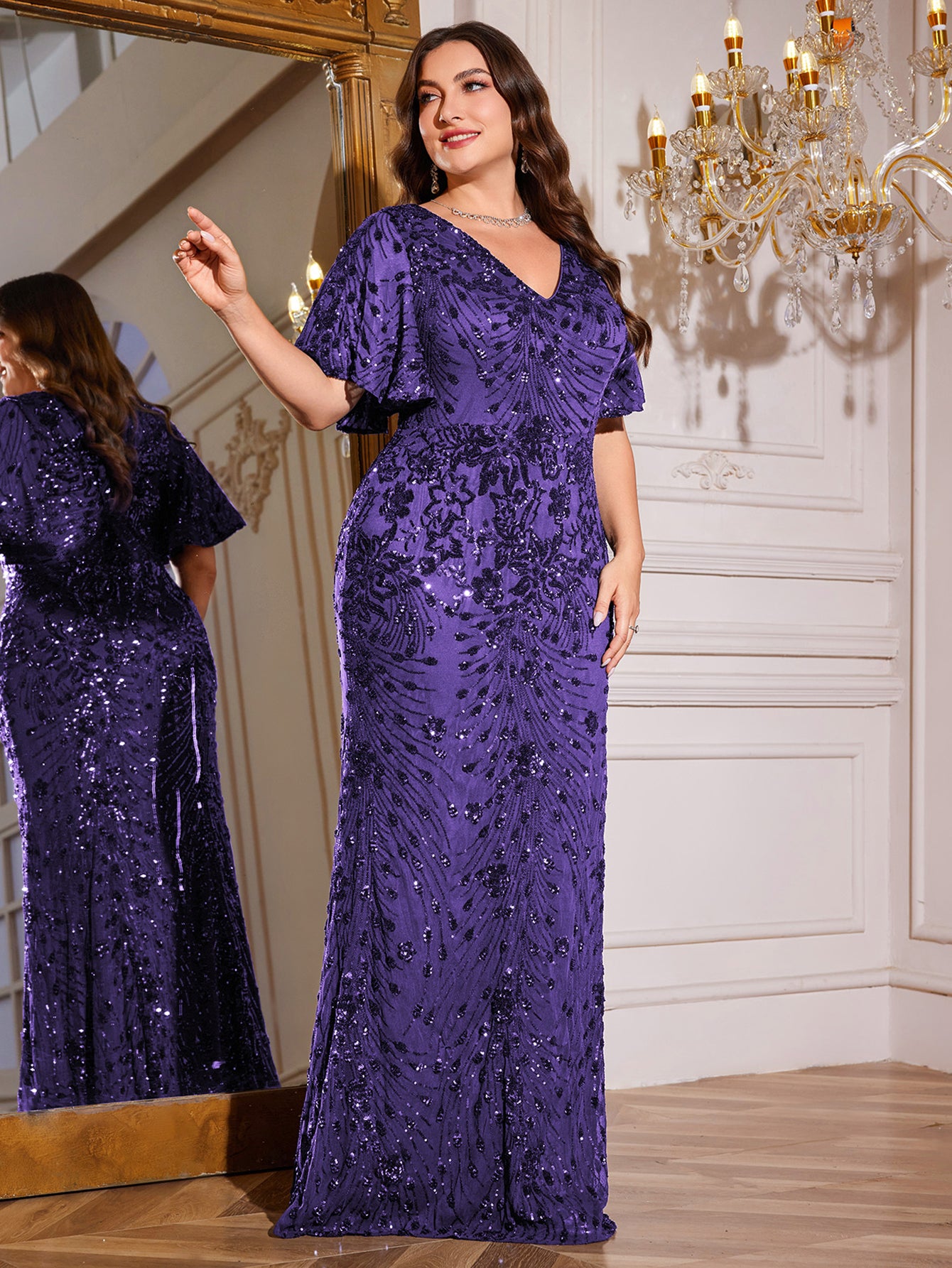 Royal Blue Sequin Flutter Sleeve Mermaid Evening Gown