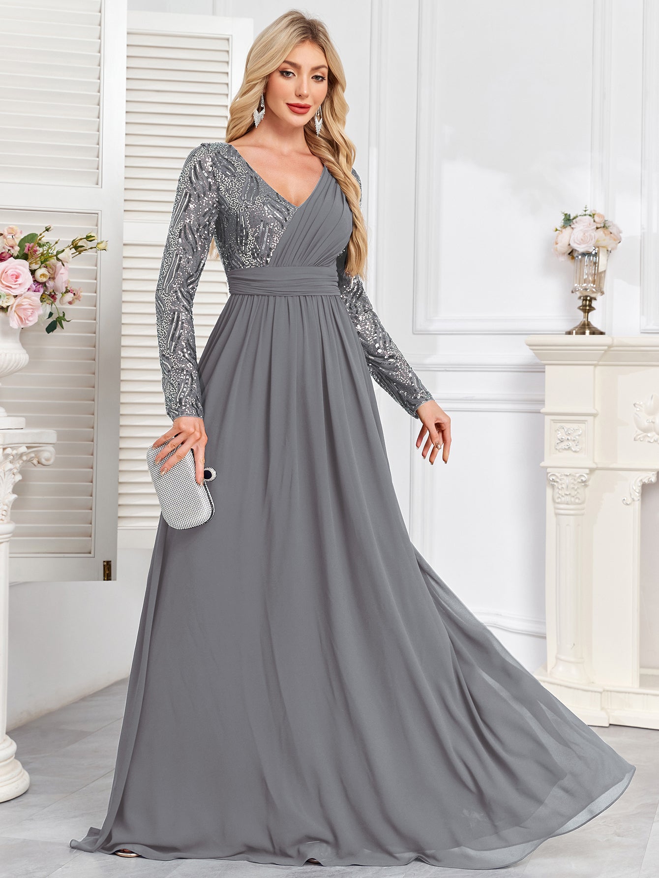 Navy Blue Multicolor Sequin Long Sleeve A‑Line Evening Gown