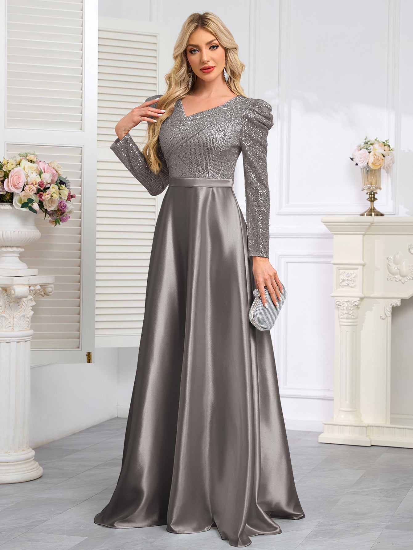 Dark Blue Satin Sequin Maxi Dress