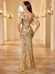 Light Gold Floral Sequin Flutter Sleeve V Neck Mermaid Evening Gown