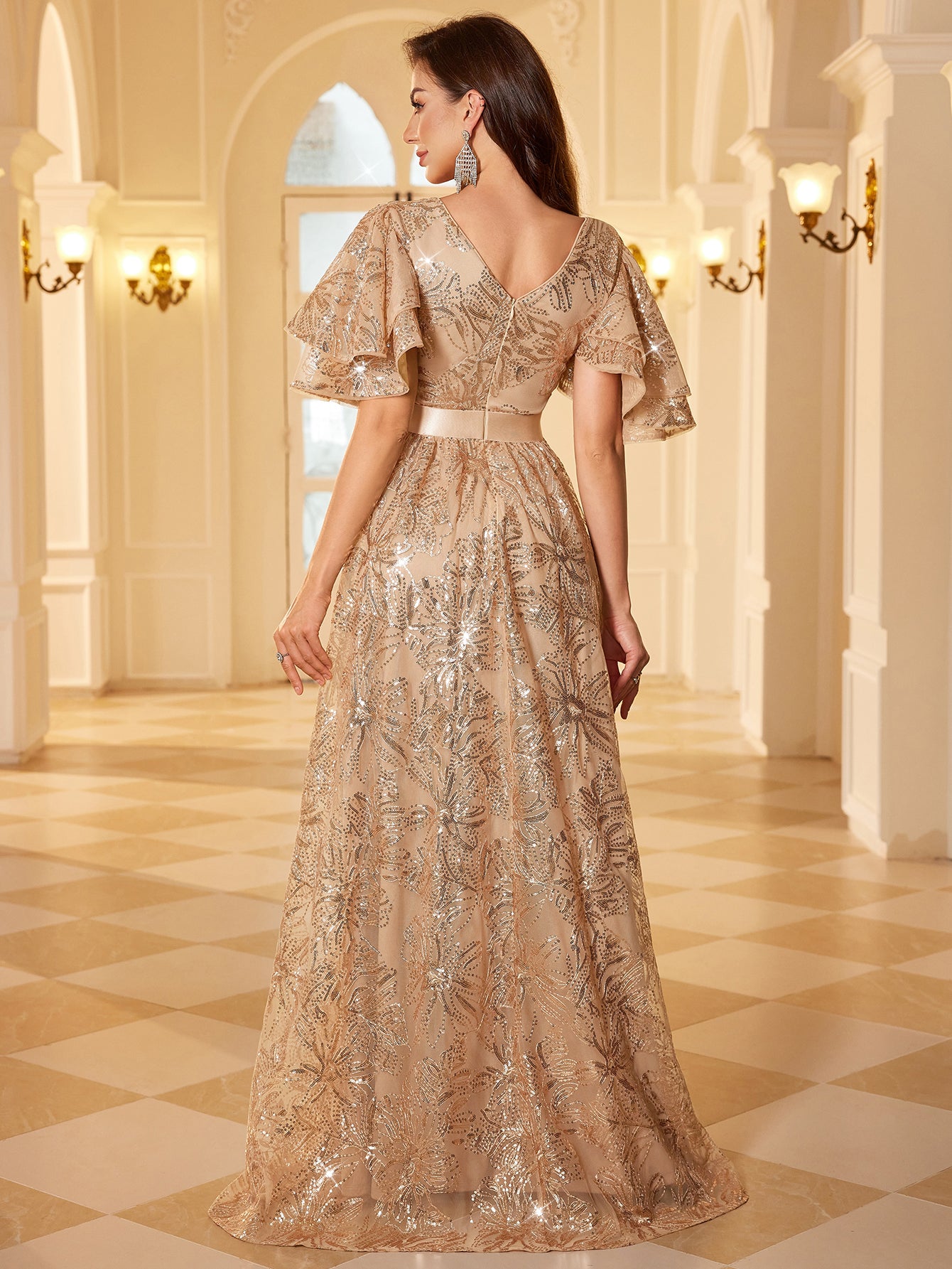 Nude Champagne Glitter Floral V Neck Flutter Sleeve Long Prom Dress